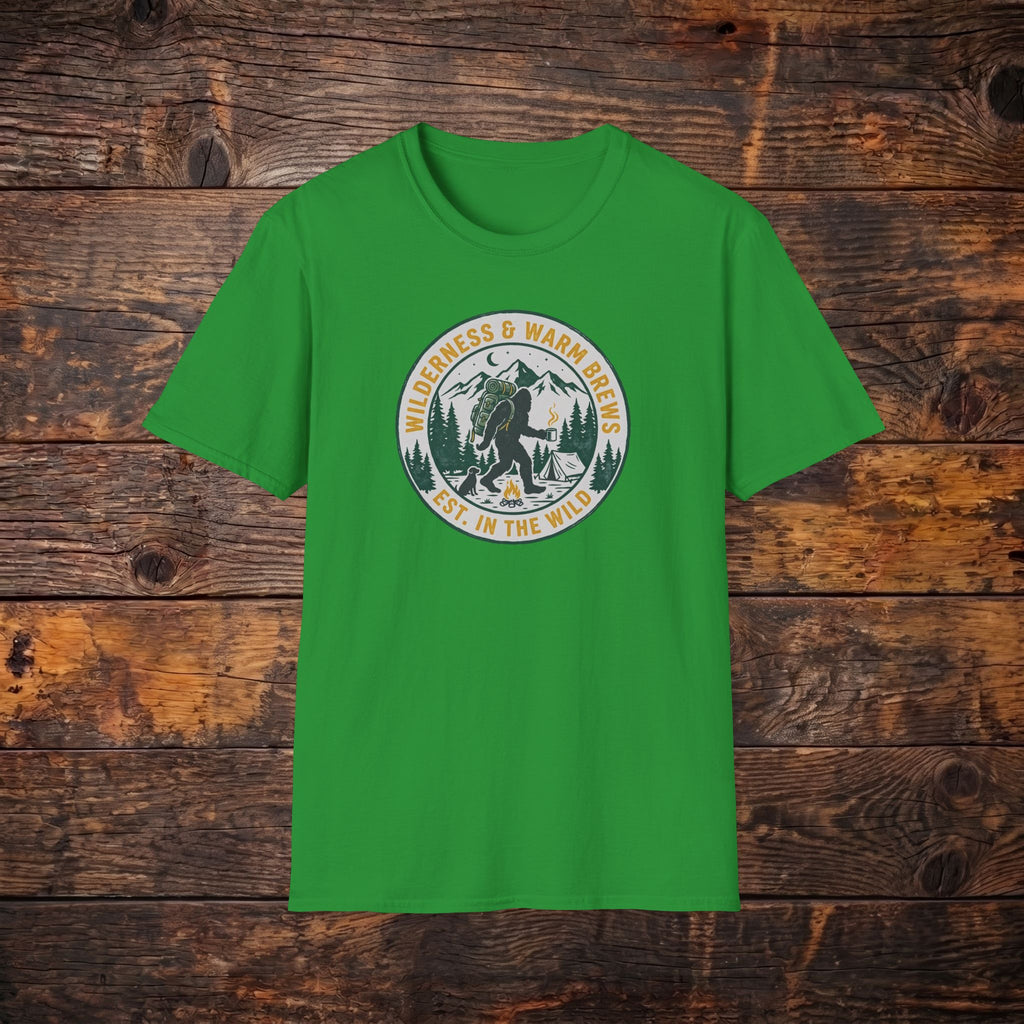 Camping Bear Badge T-Shirt — "Wilderness & Warm Brews" Outdoor Graphic Tee