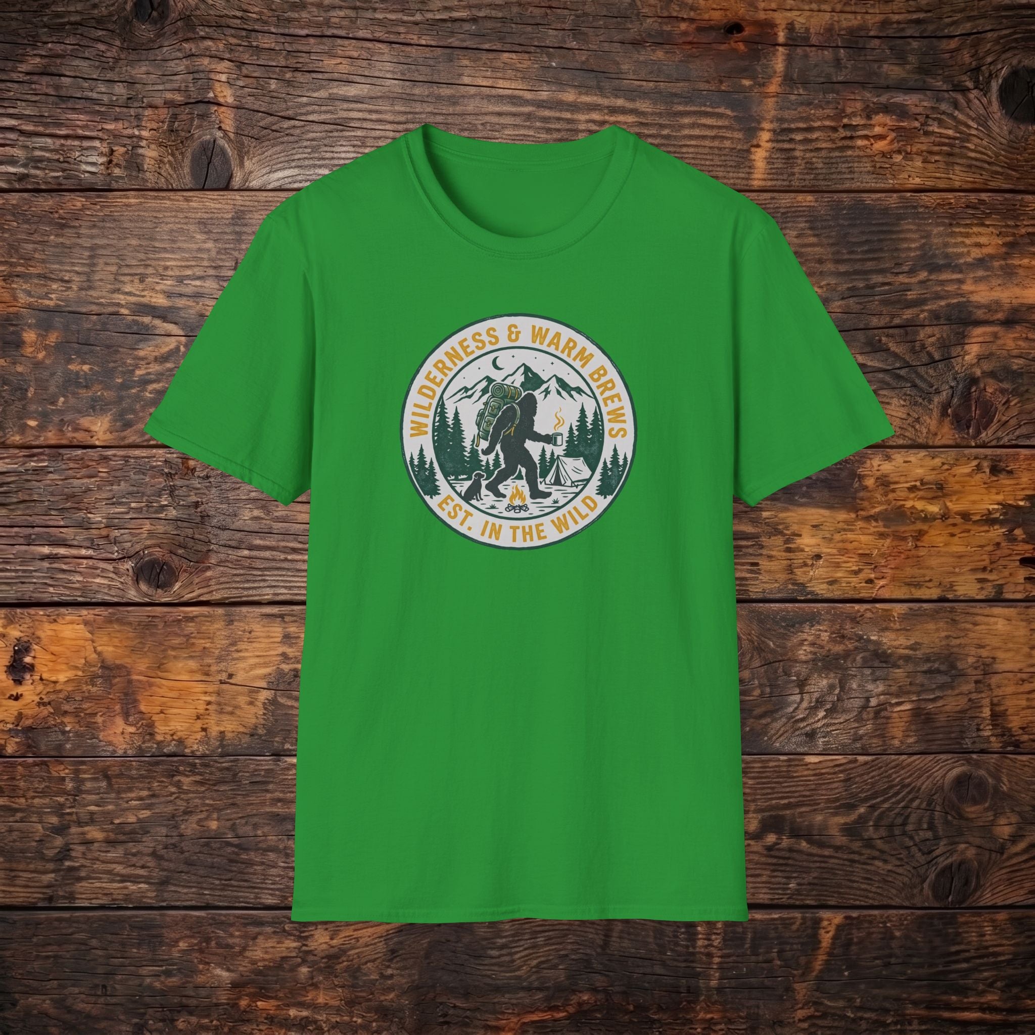 Camping Bear Badge T-Shirt — "Wilderness & Warm Brews" Outdoor Graphic Tee