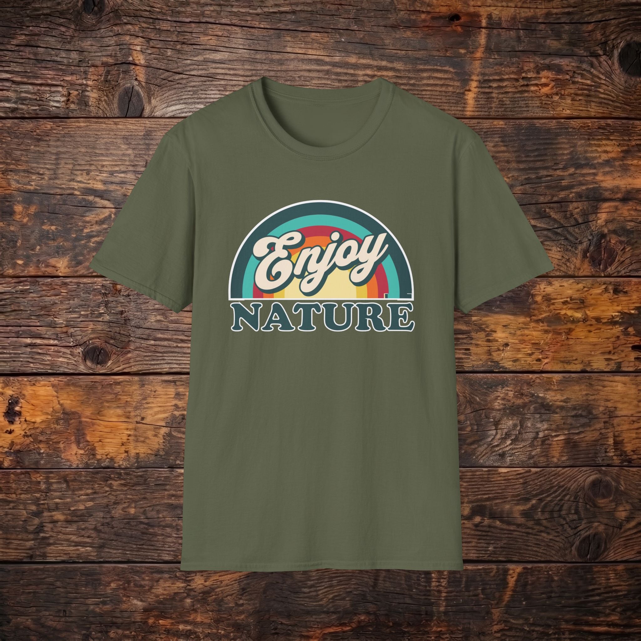 Enjoy Nature T-Shirt — Retro Rainbow Outdoor Graphic Tee