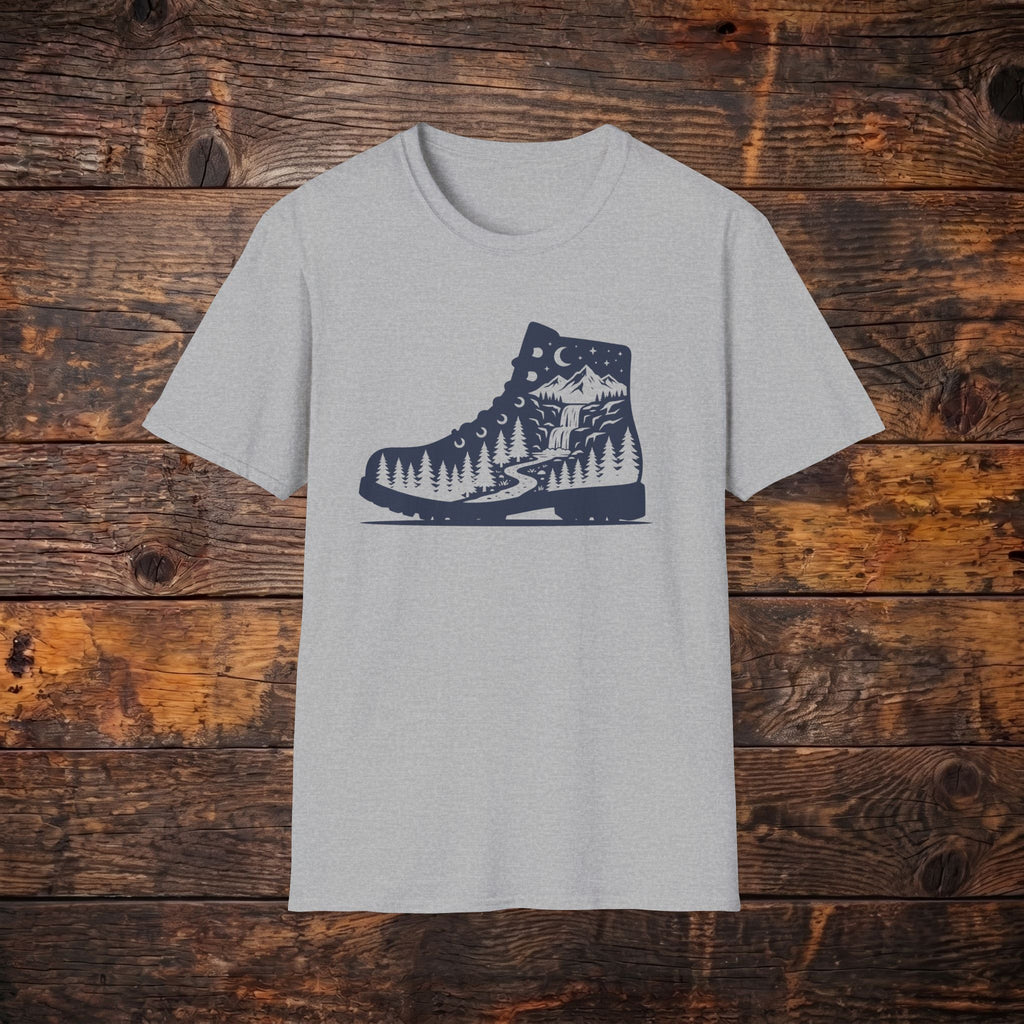 Hiking Boot Tee — Mountain Trail Nightscape Graphic T-Shirt
