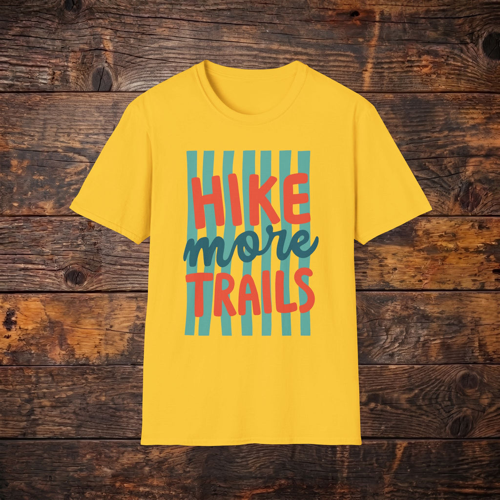Hike More Trails T-Shirt — Retro Teal Stripe Hiking Tee