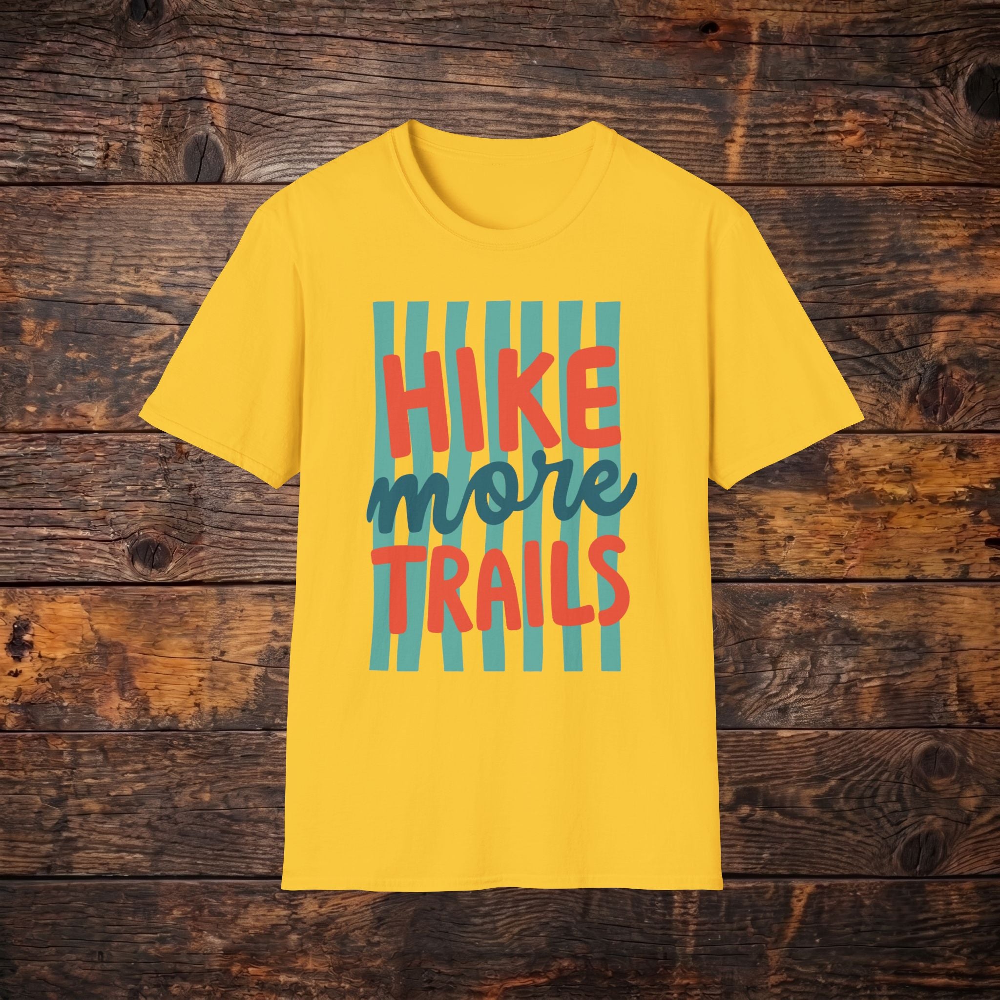 Hike More Trails T-Shirt — Retro Teal Stripe Hiking Tee