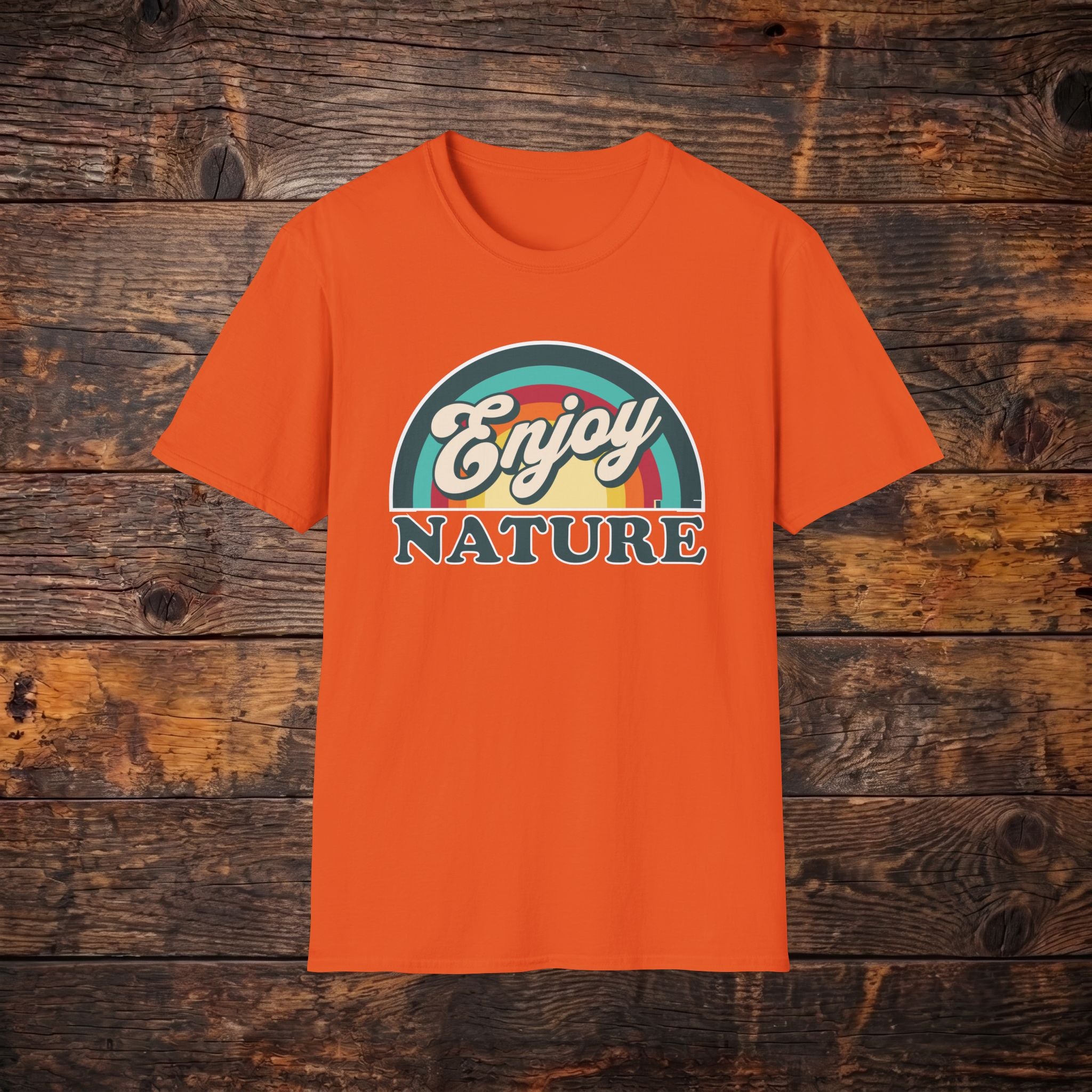 Enjoy Nature T-Shirt — Retro Rainbow Outdoor Graphic Tee