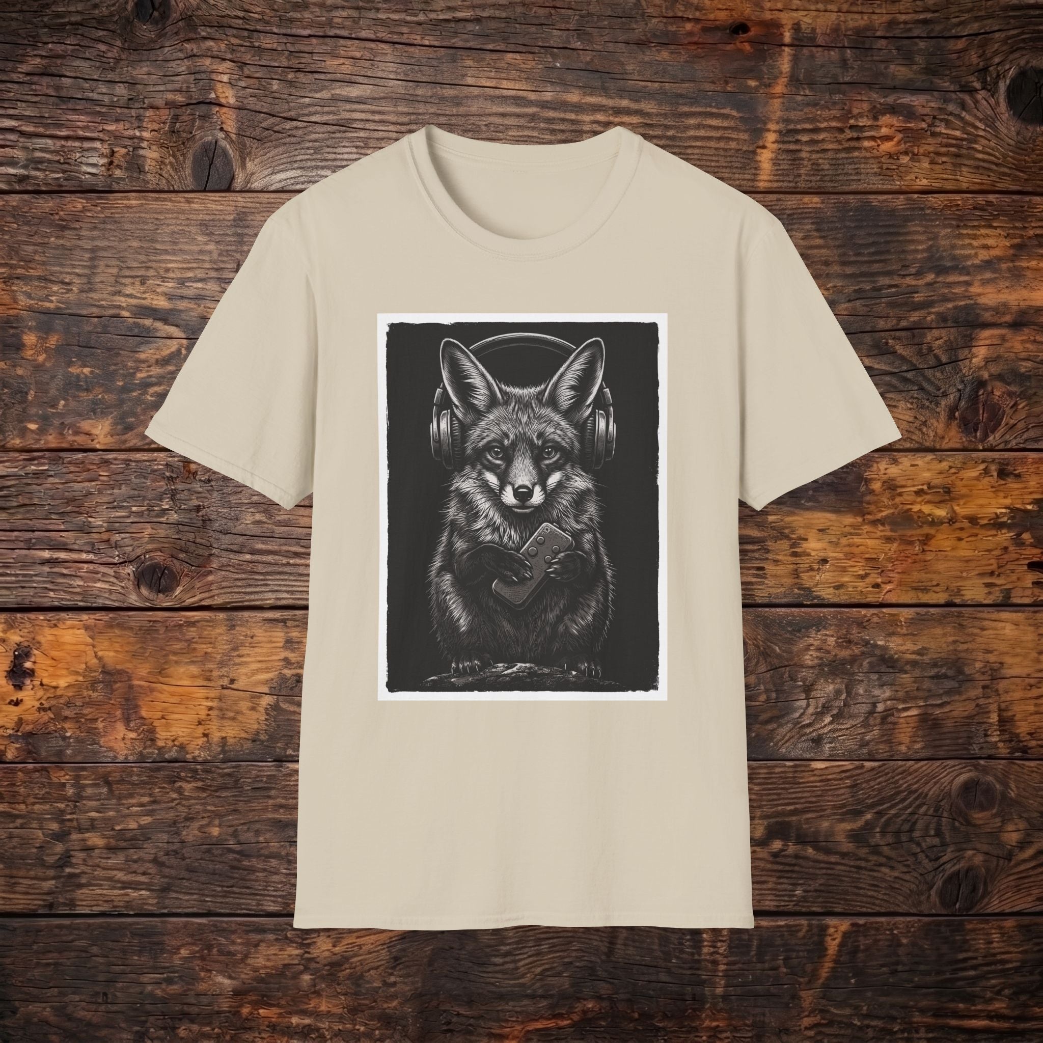 Fox with Headphones T‑Shirt — Noir Graphic Animal Music Tee
