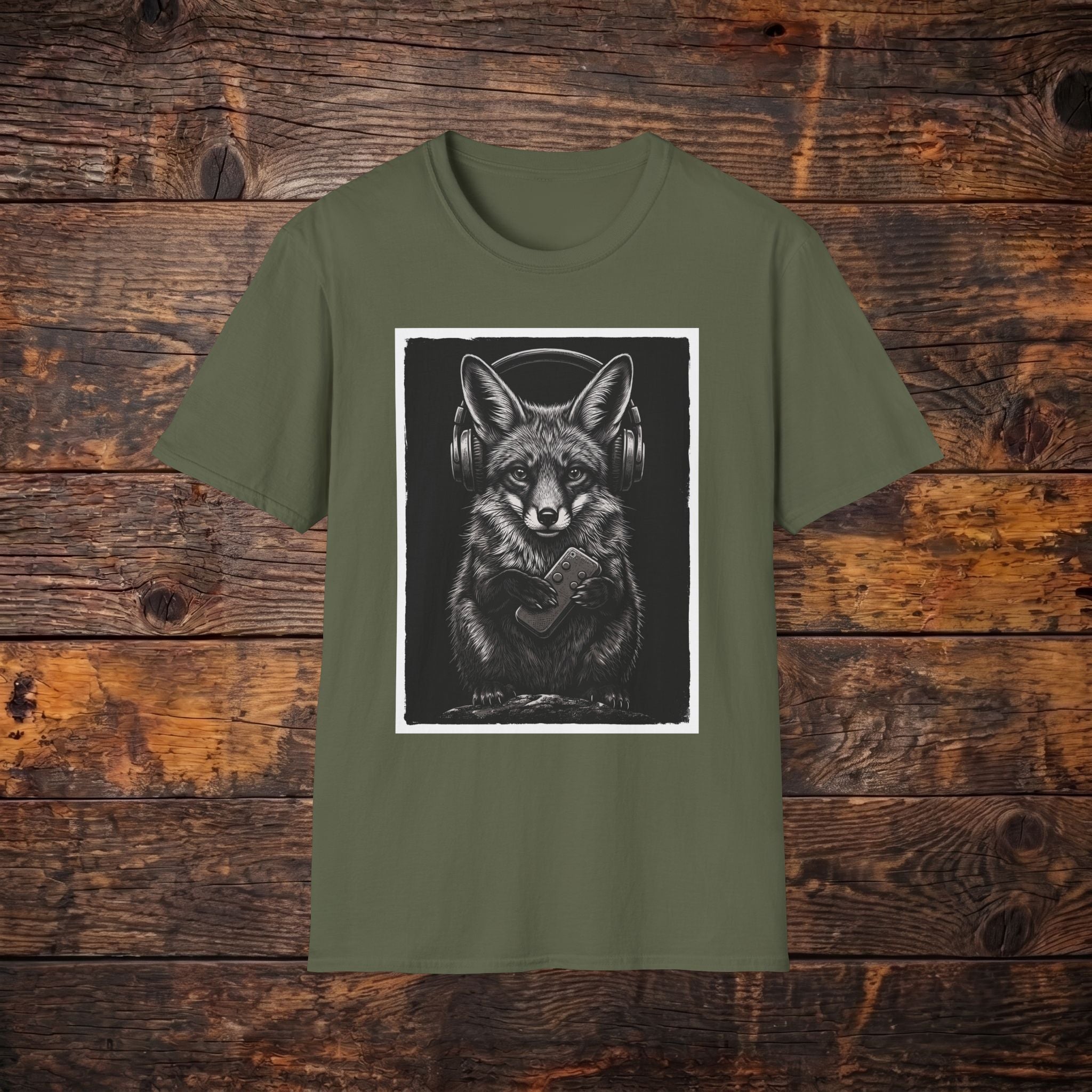 Fox with Headphones T‑Shirt — Noir Graphic Animal Music Tee