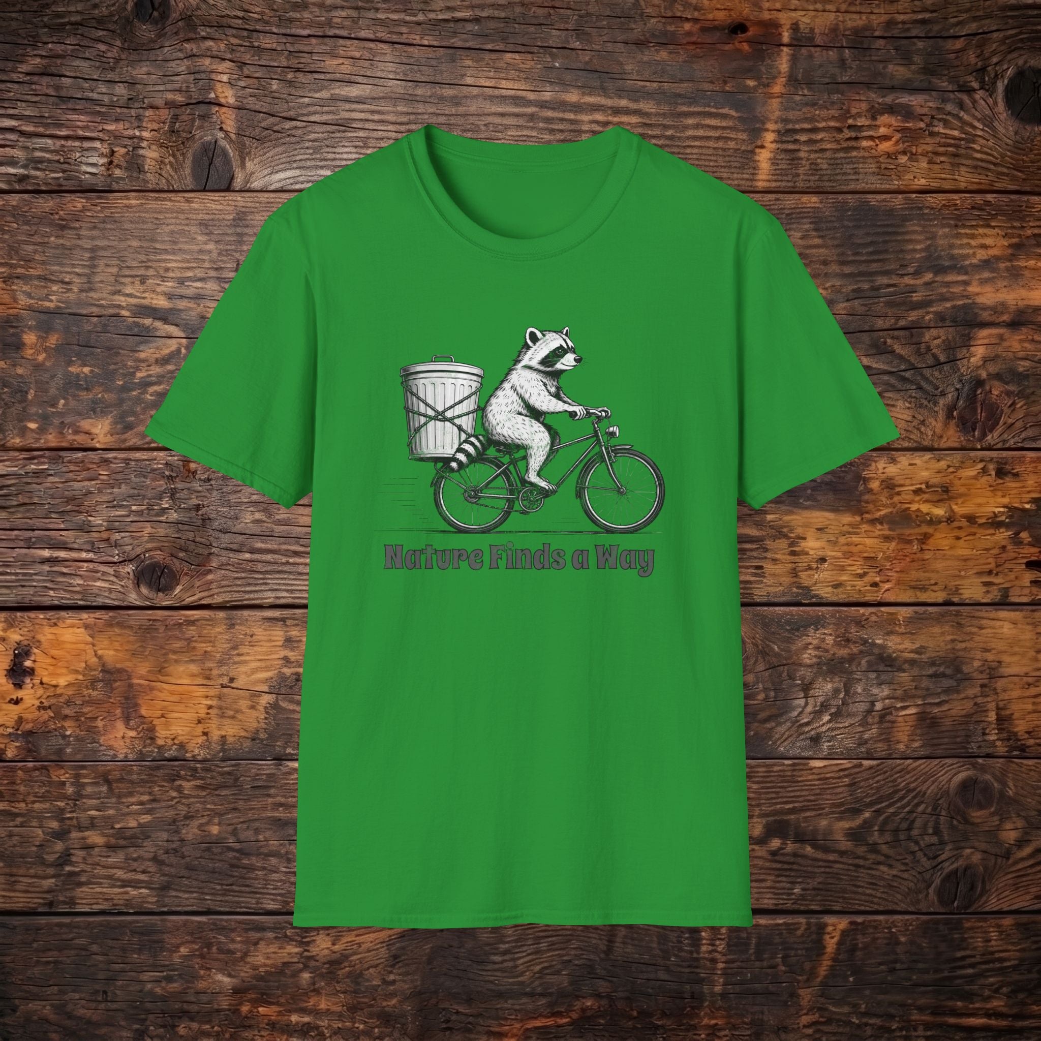 Raccoon on Bike T-Shirt — 'Nature Finds a Way' Graphic Tee