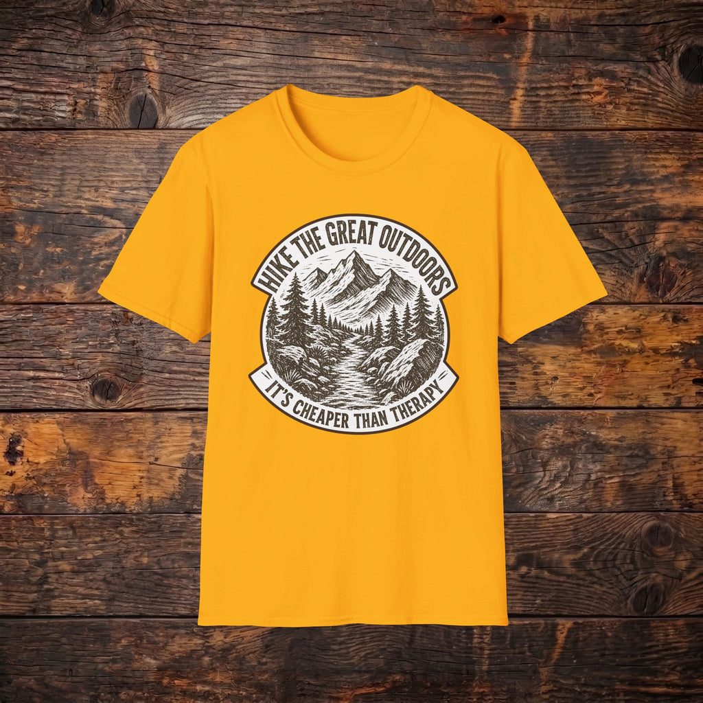 Hike the Great Outdoors T-Shirt — "Hike the Great Outdoors, It’s Cheaper Than Therapy" Mountain Tee