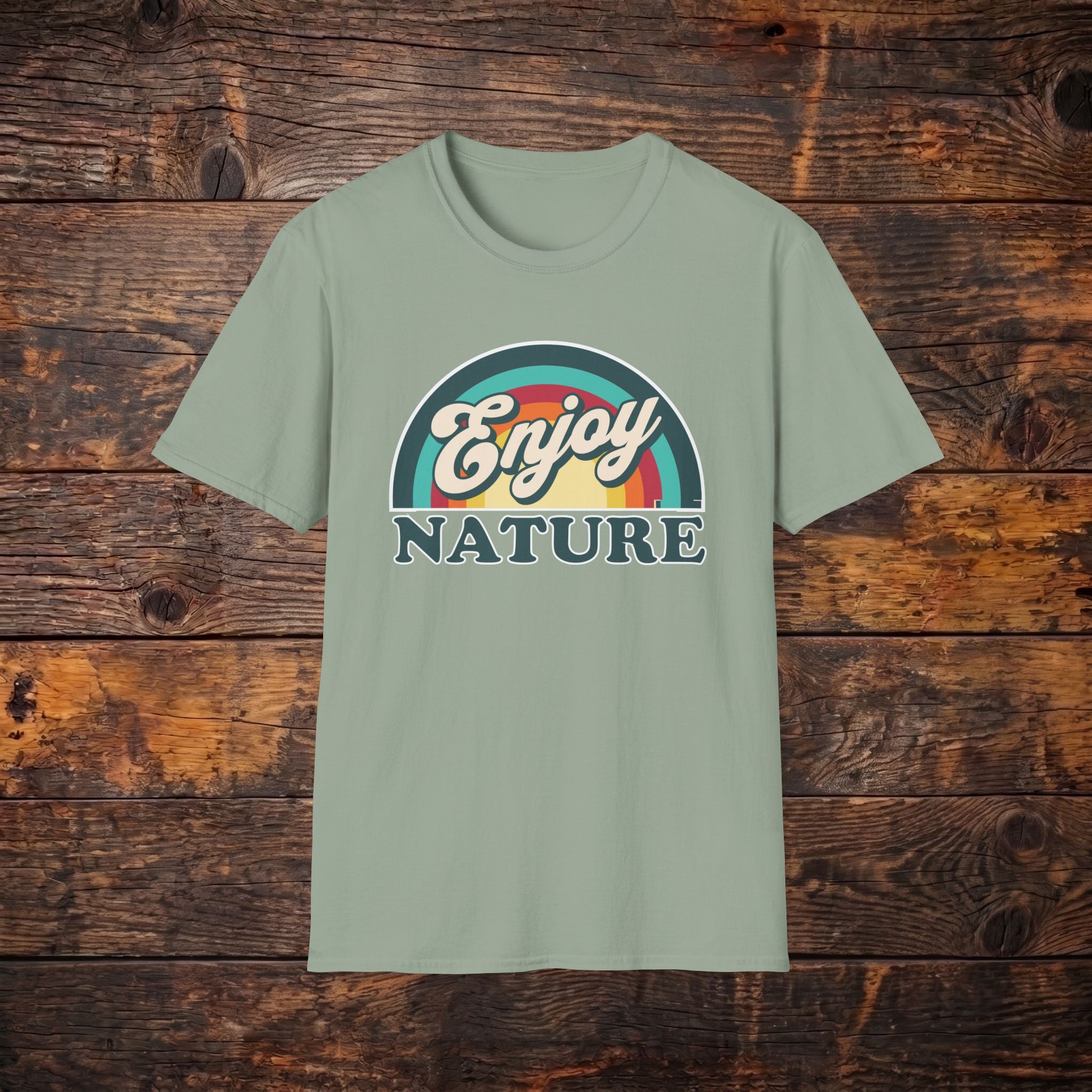 Enjoy Nature T-Shirt — Retro Rainbow Outdoor Graphic Tee