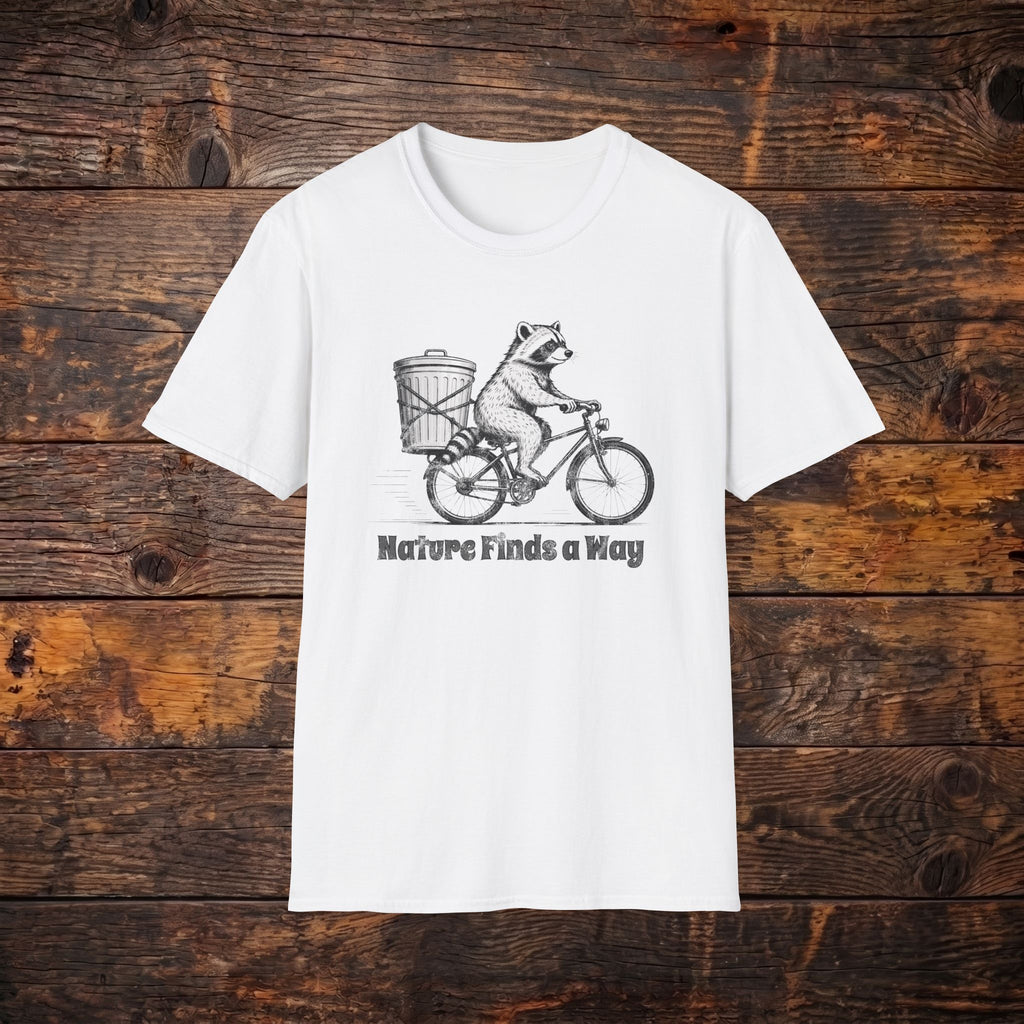Raccoon on Bike T-Shirt — 'Nature Finds a Way' Graphic Tee