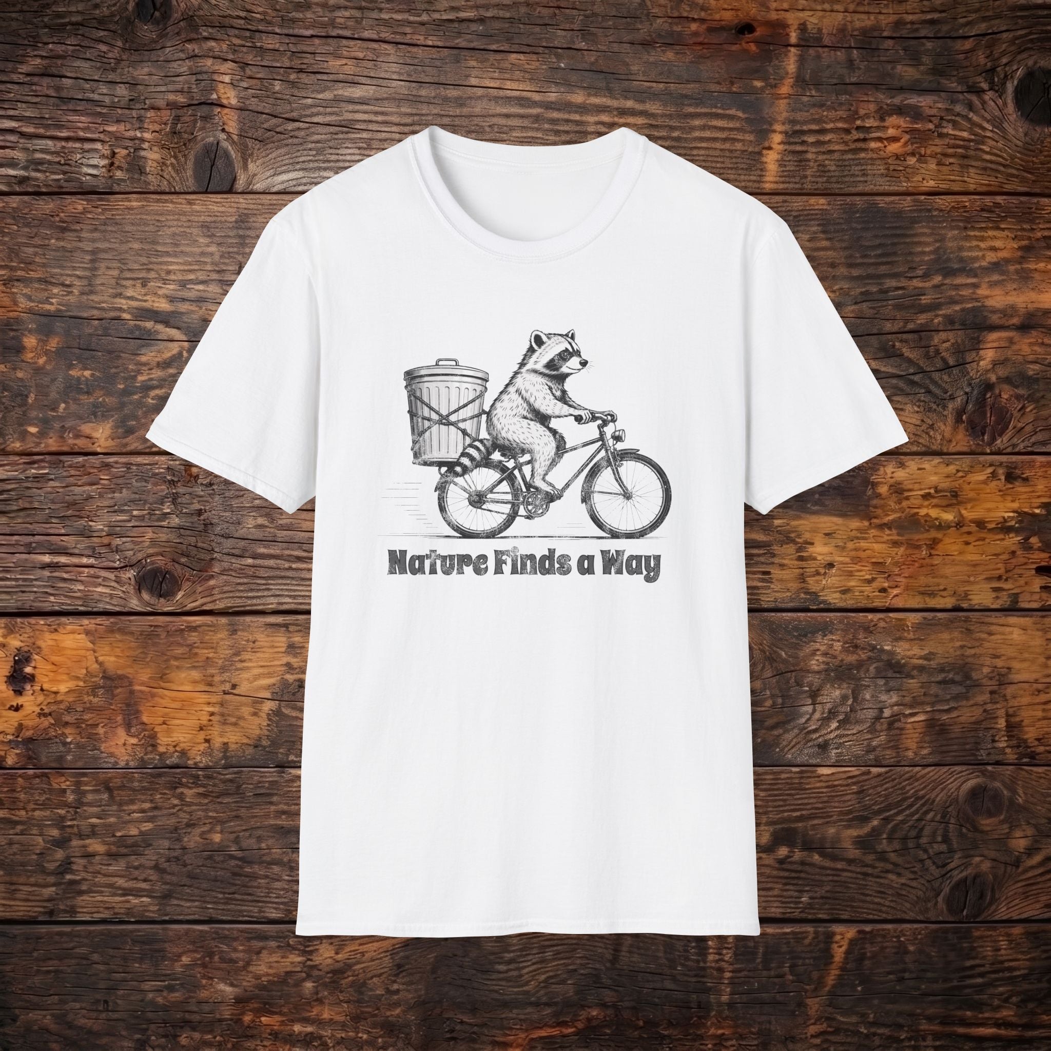 Raccoon on Bike T-Shirt — 'Nature Finds a Way' Graphic Tee