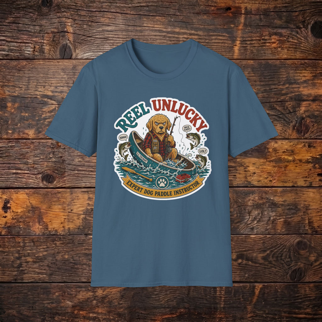 Reel Unlucky Fishing Tee — Funny Sad Dog Angler Graphic T-Shirt