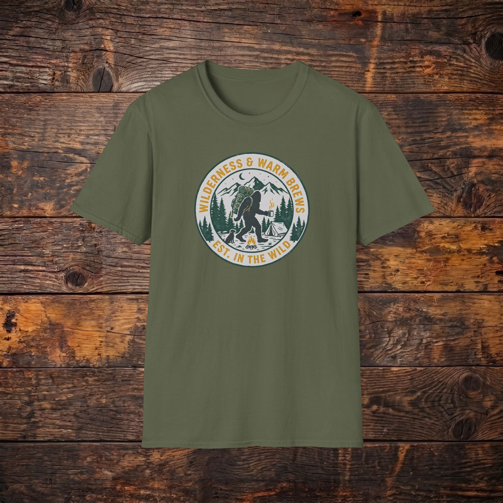 Camping Bear Badge T-Shirt — "Wilderness & Warm Brews" Outdoor Graphic Tee