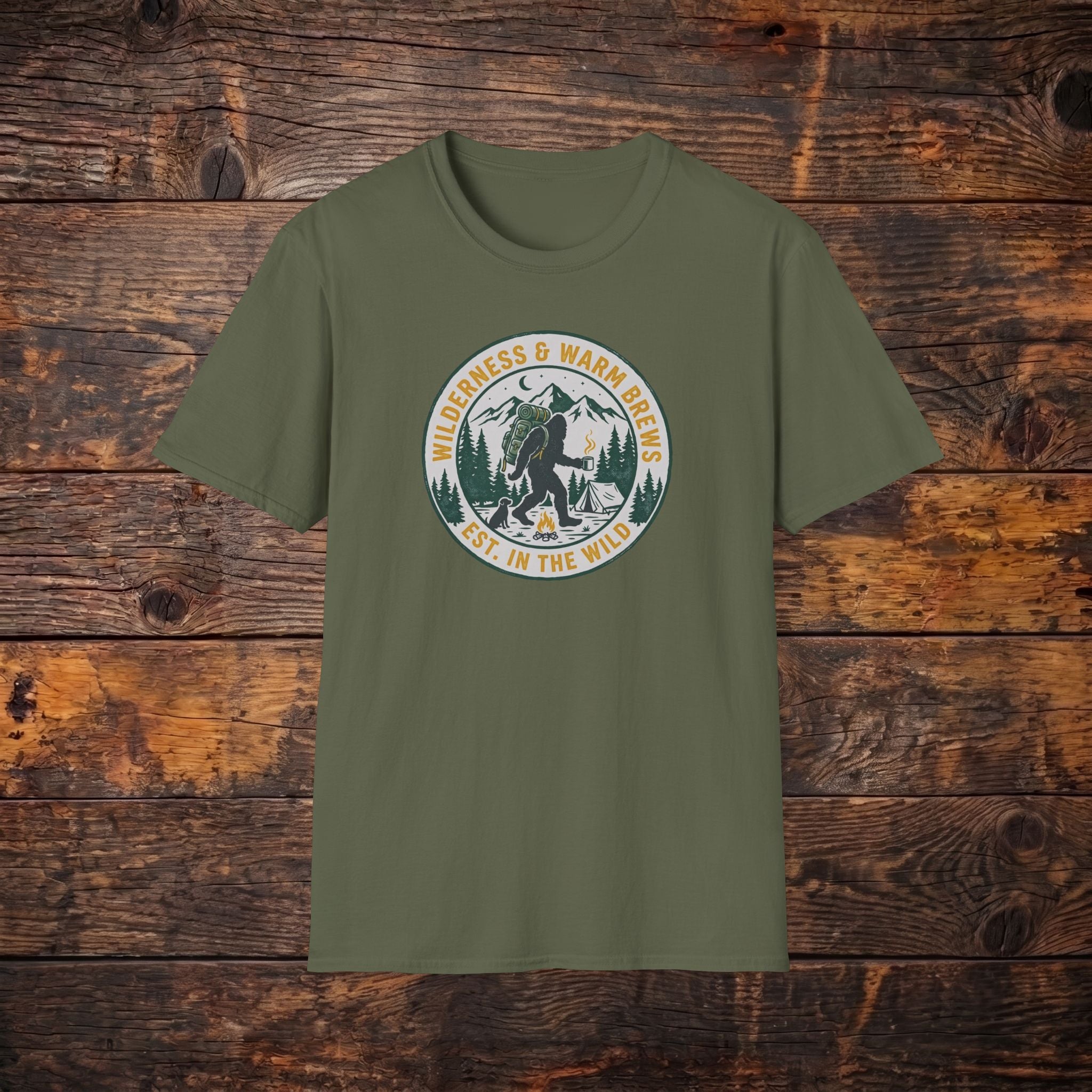 Camping Bear Badge T-Shirt — "Wilderness & Warm Brews" Outdoor Graphic Tee