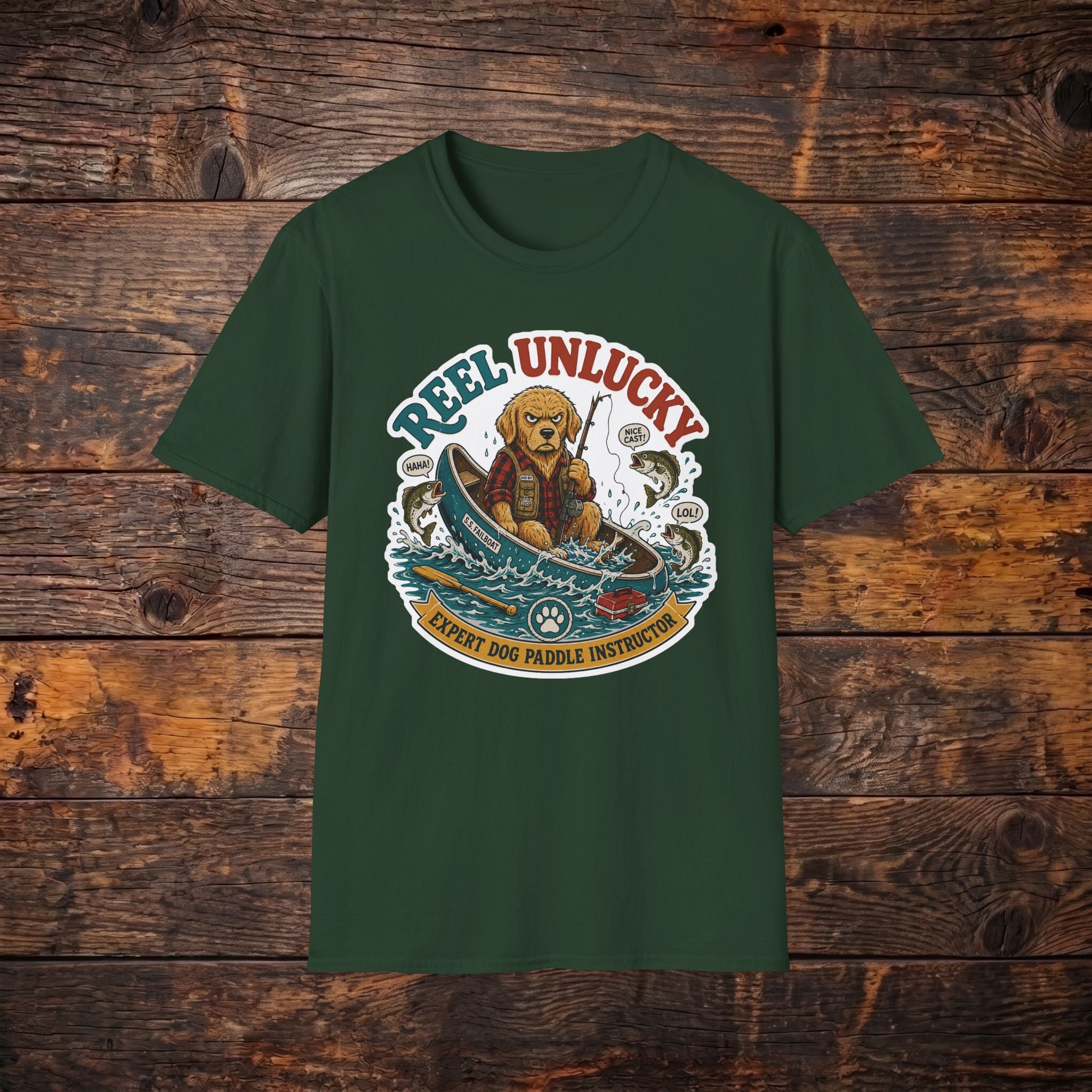 Reel Unlucky Fishing Tee — Funny Sad Dog Angler Graphic T-Shirt