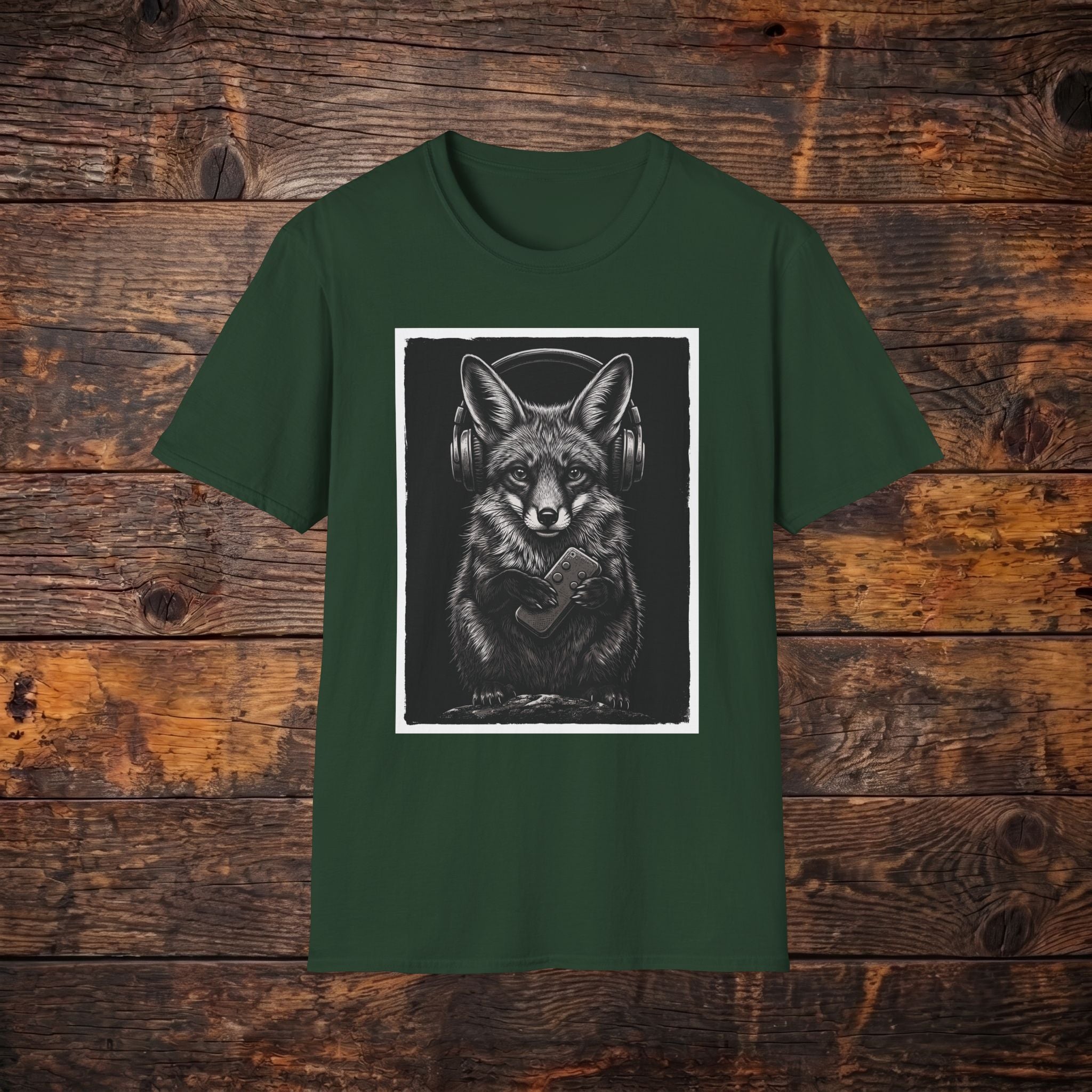 Fox with Headphones T‑Shirt — Noir Graphic Animal Music Tee