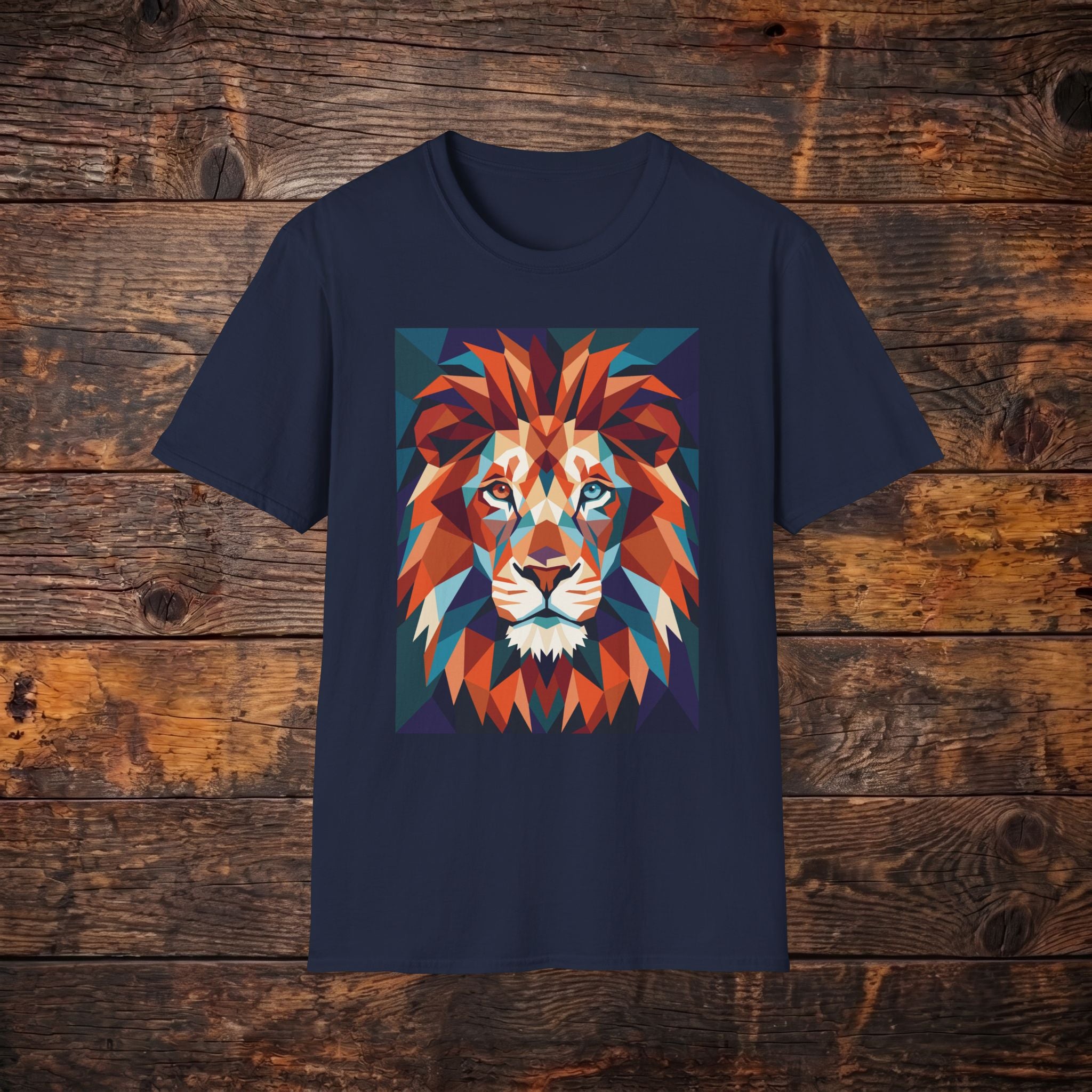 Geometric Lion Graphic T-Shirt — Vibrant Polygonal Lion Tee