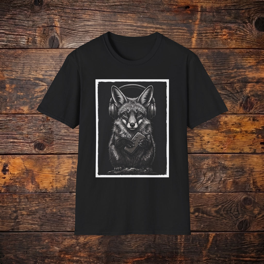 Fox with Headphones T‑Shirt — Noir Graphic Animal Music Tee