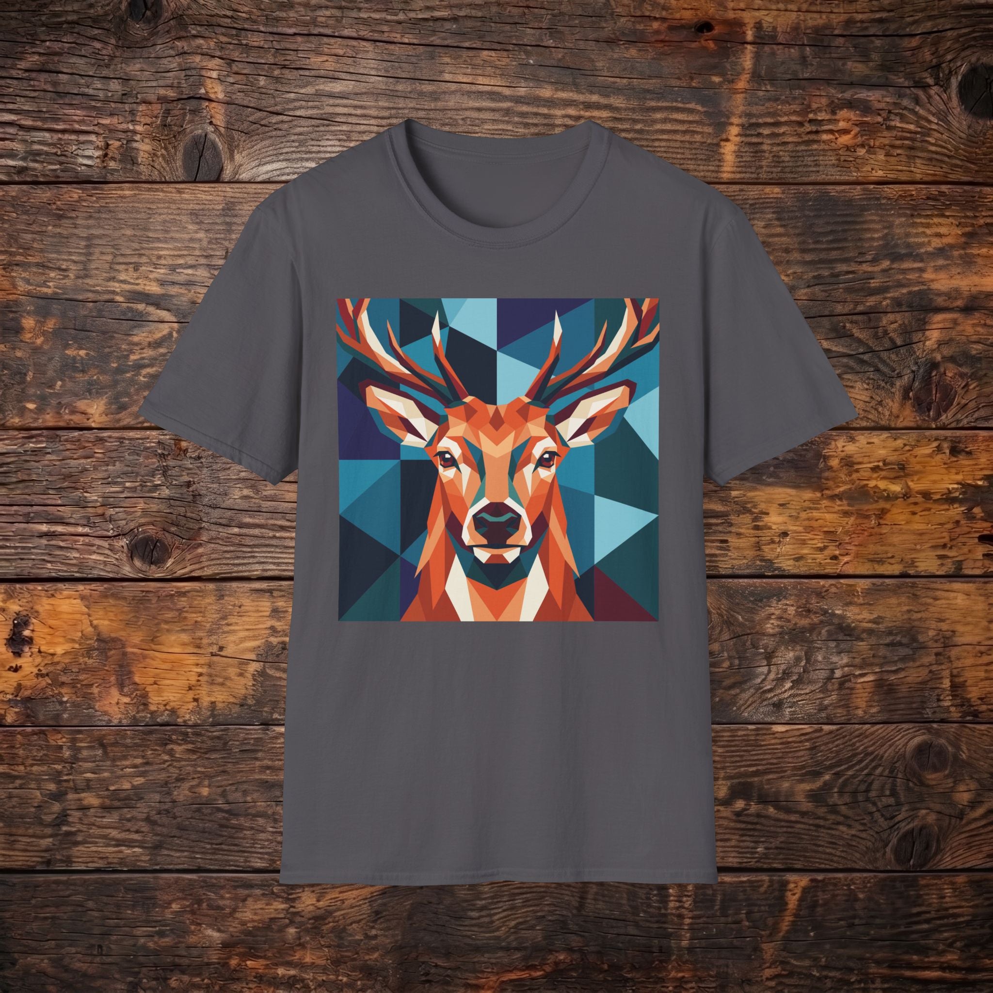 Geometric Stag T-Shirt — Colorful Polygon Deer Graphic Tee