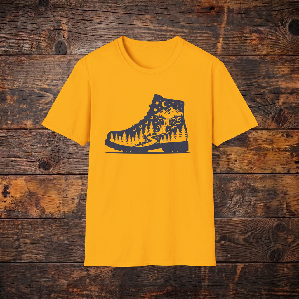 Hiking Boot Tee — Mountain Trail Nightscape Graphic T-Shirt