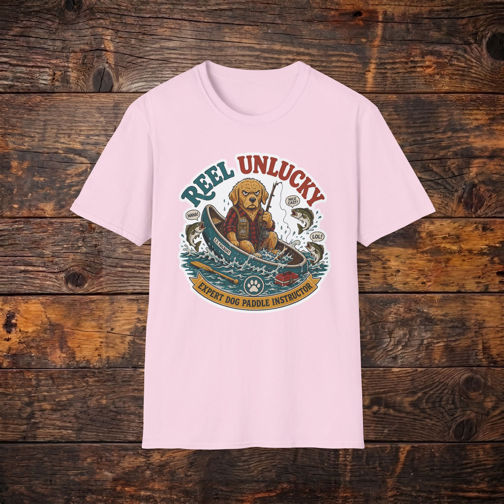 Reel Unlucky Fishing Tee — Funny Sad Dog Angler Graphic T-Shirt