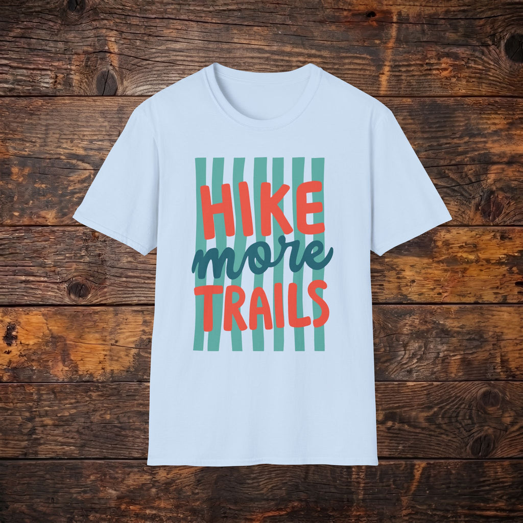 Hike More Trails T-Shirt — Retro Teal Stripe Hiking Tee