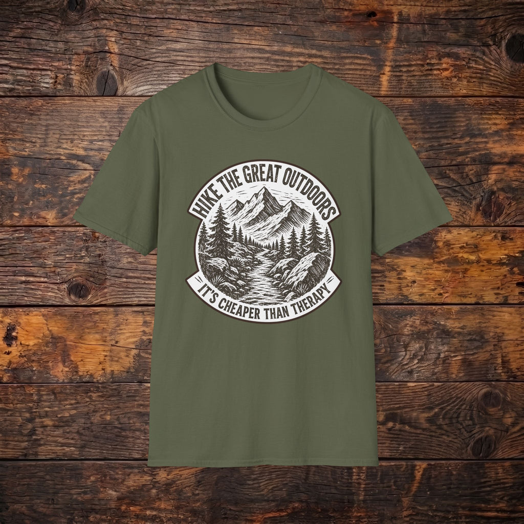 Hike the Great Outdoors T-Shirt — "Hike the Great Outdoors, It’s Cheaper Than Therapy" Mountain Tee