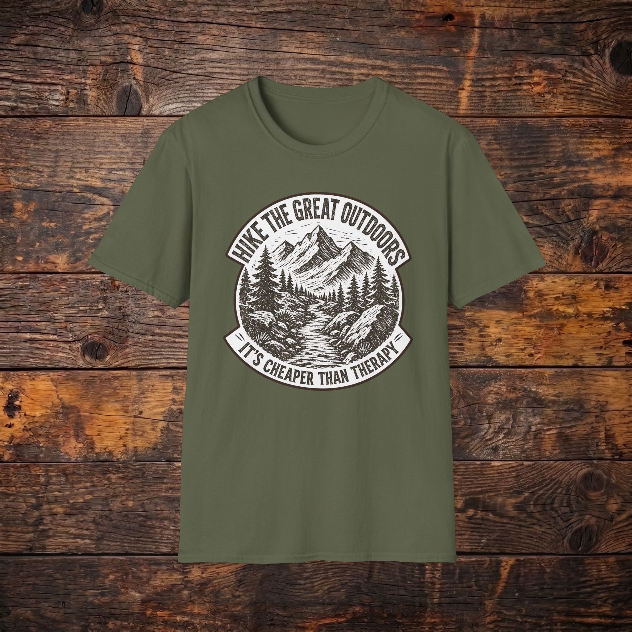 Hike the Great Outdoors T-Shirt — "Hike the Great Outdoors, It’s Cheaper Than Therapy" Mountain Tee