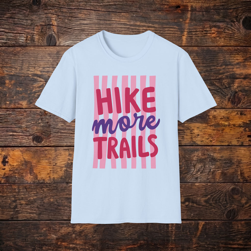 Hike More Trails T-Shirt — Retro Pink Stripe Hiking Tee