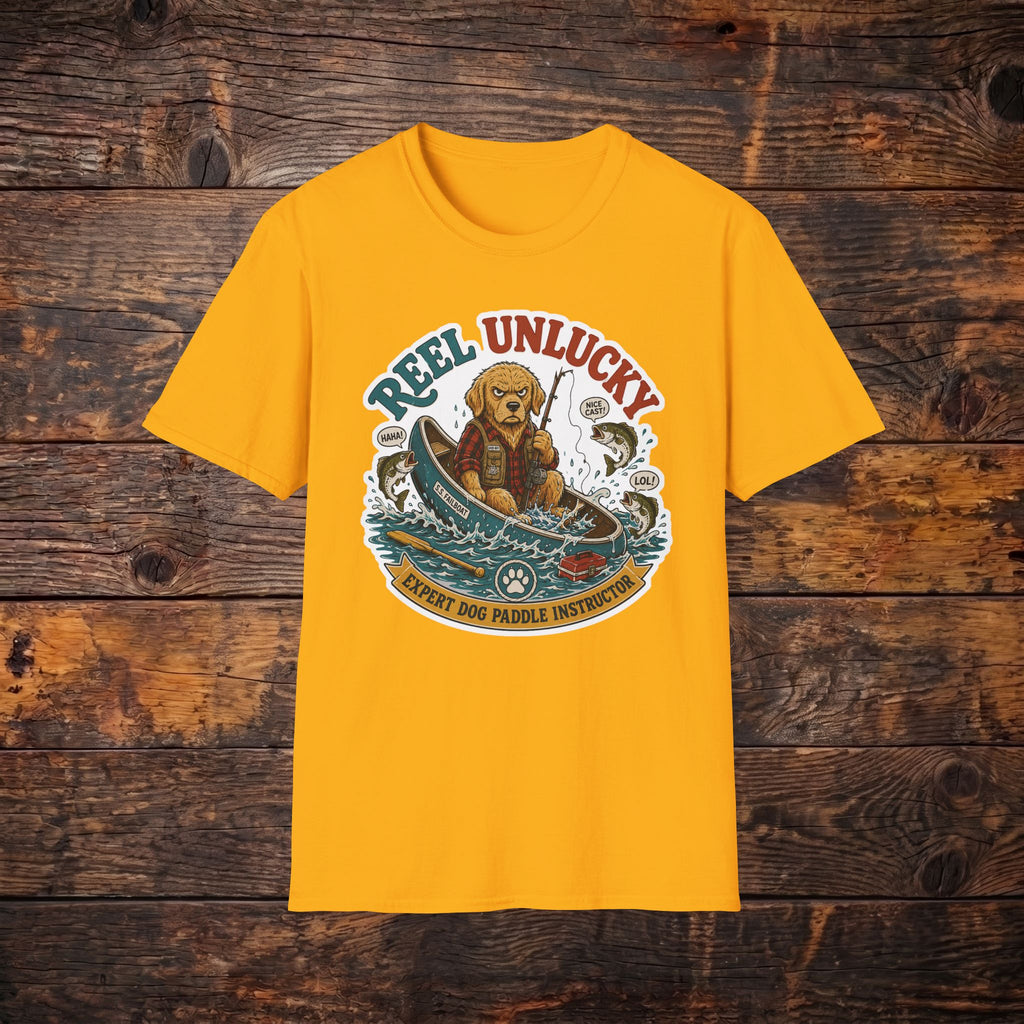 Reel Unlucky Fishing Tee — Funny Sad Dog Angler Graphic T-Shirt