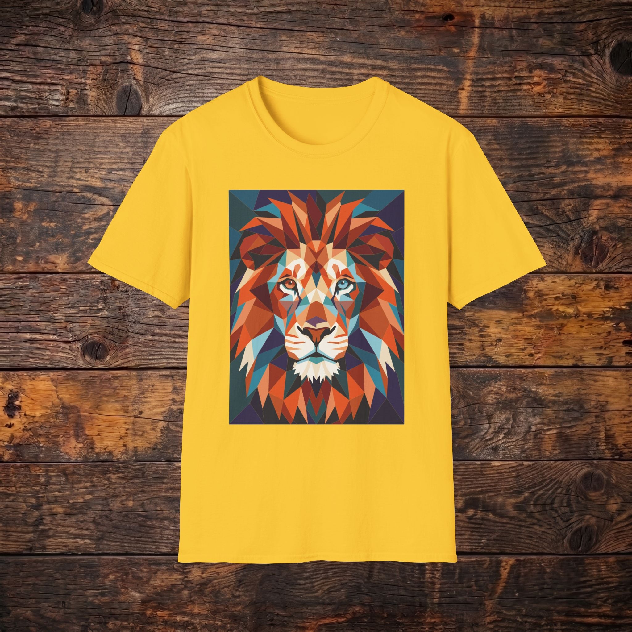 Geometric Lion Graphic T-Shirt — Vibrant Polygonal Lion Tee