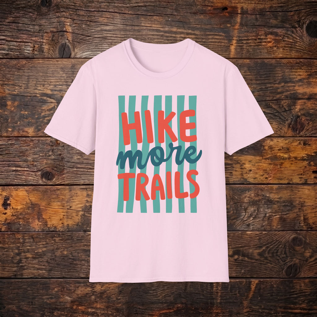 Hike More Trails T-Shirt — Retro Teal Stripe Hiking Tee