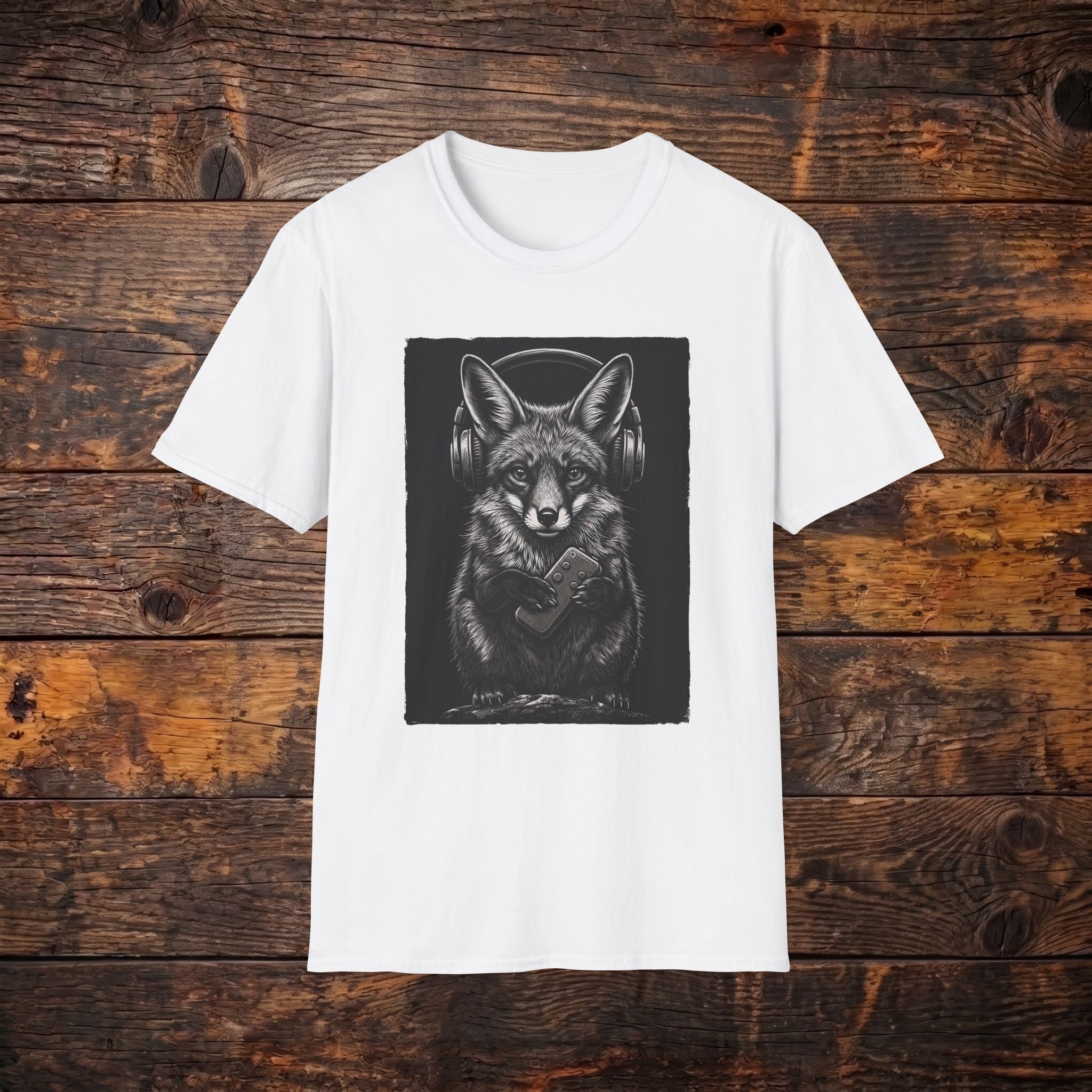 Fox with Headphones T‑Shirt — Noir Graphic Animal Music Tee