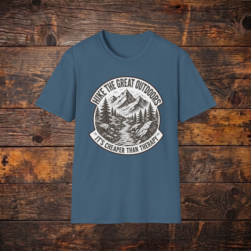 Hike the Great Outdoors T-Shirt — "Hike the Great Outdoors, It’s Cheaper Than Therapy" Mountain Tee