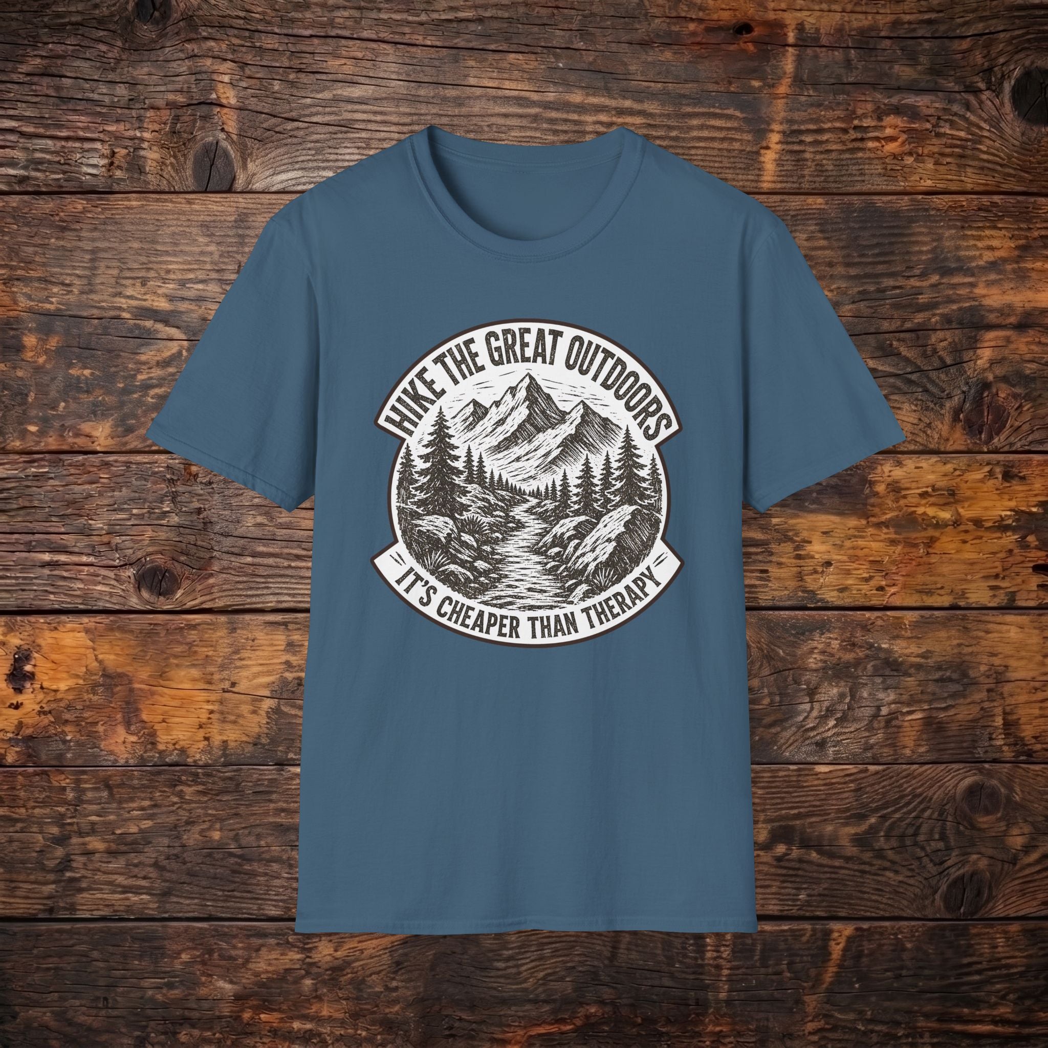 Hike the Great Outdoors T-Shirt — "Hike the Great Outdoors, It’s Cheaper Than Therapy" Mountain Tee