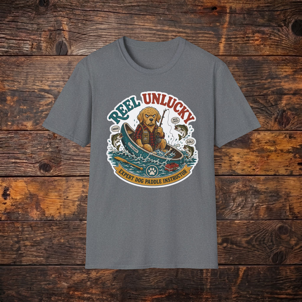 Reel Unlucky Fishing Tee — Funny Sad Dog Angler Graphic T-Shirt