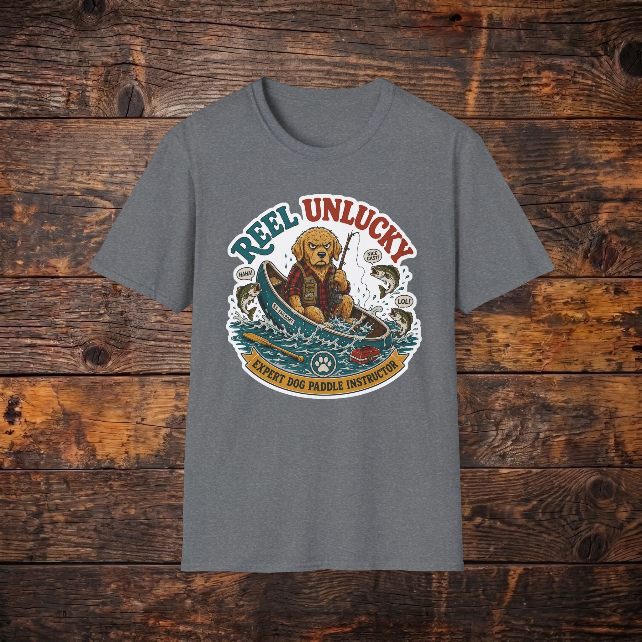 Reel Unlucky Fishing Tee — Funny Sad Dog Angler Graphic T-Shirt
