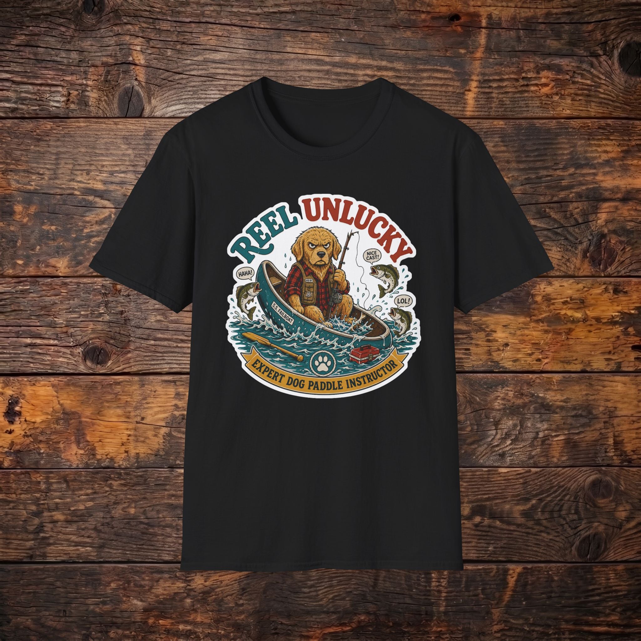 Reel Unlucky Fishing Tee — Funny Sad Dog Angler Graphic T-Shirt