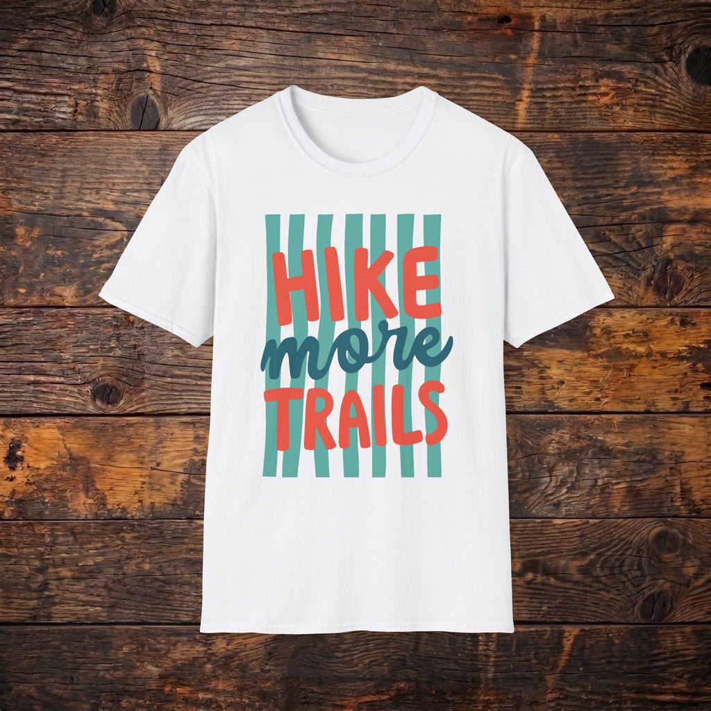 Hike More Trails T-Shirt — Retro Teal Stripe Hiking Tee