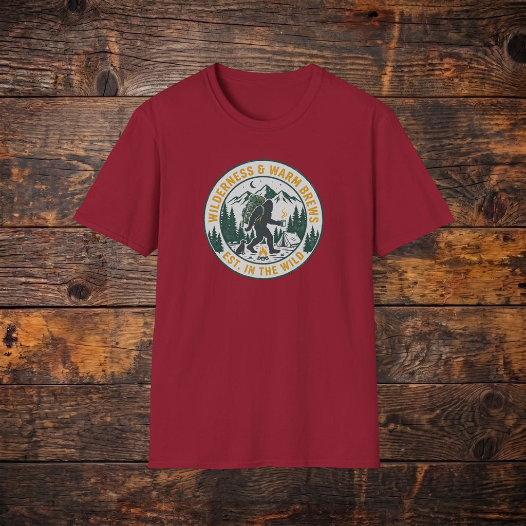 Camping Bear Badge T-Shirt — "Wilderness & Warm Brews" Outdoor Graphic Tee