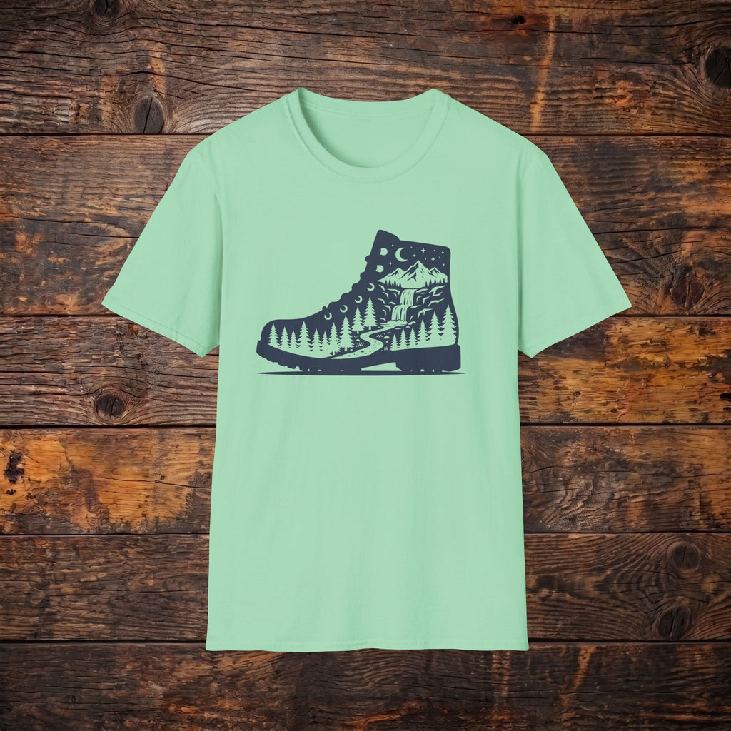 Hiking Boot Tee — Mountain Trail Nightscape Graphic T-Shirt