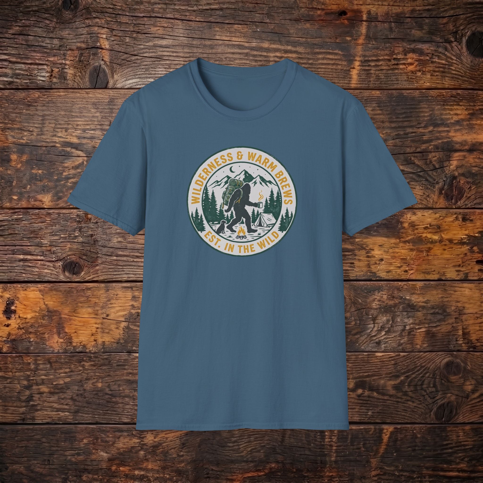 Camping Bear Badge T-Shirt — "Wilderness & Warm Brews" Outdoor Graphic Tee
