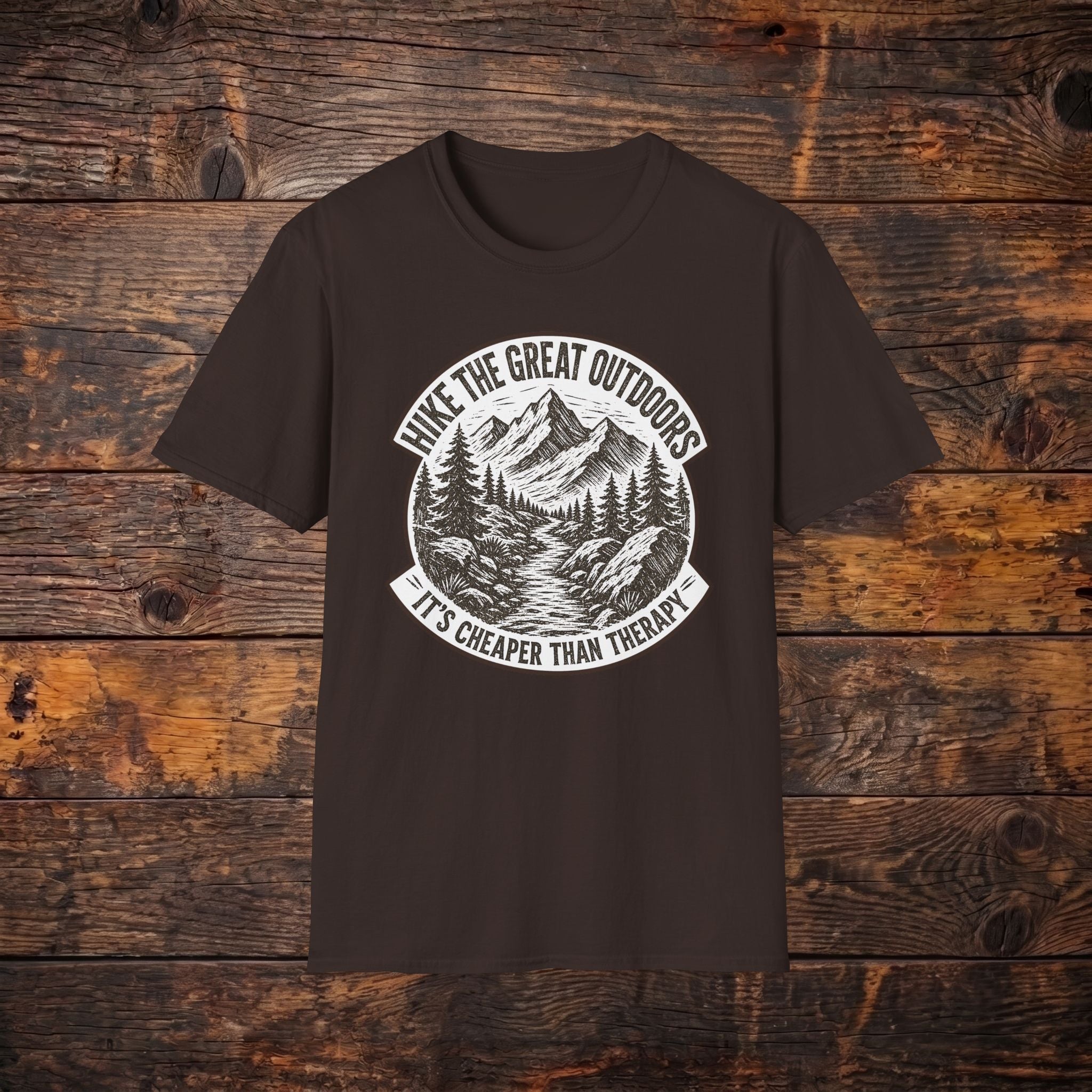 Hike the Great Outdoors T-Shirt — "Hike the Great Outdoors, It’s Cheaper Than Therapy" Mountain Tee