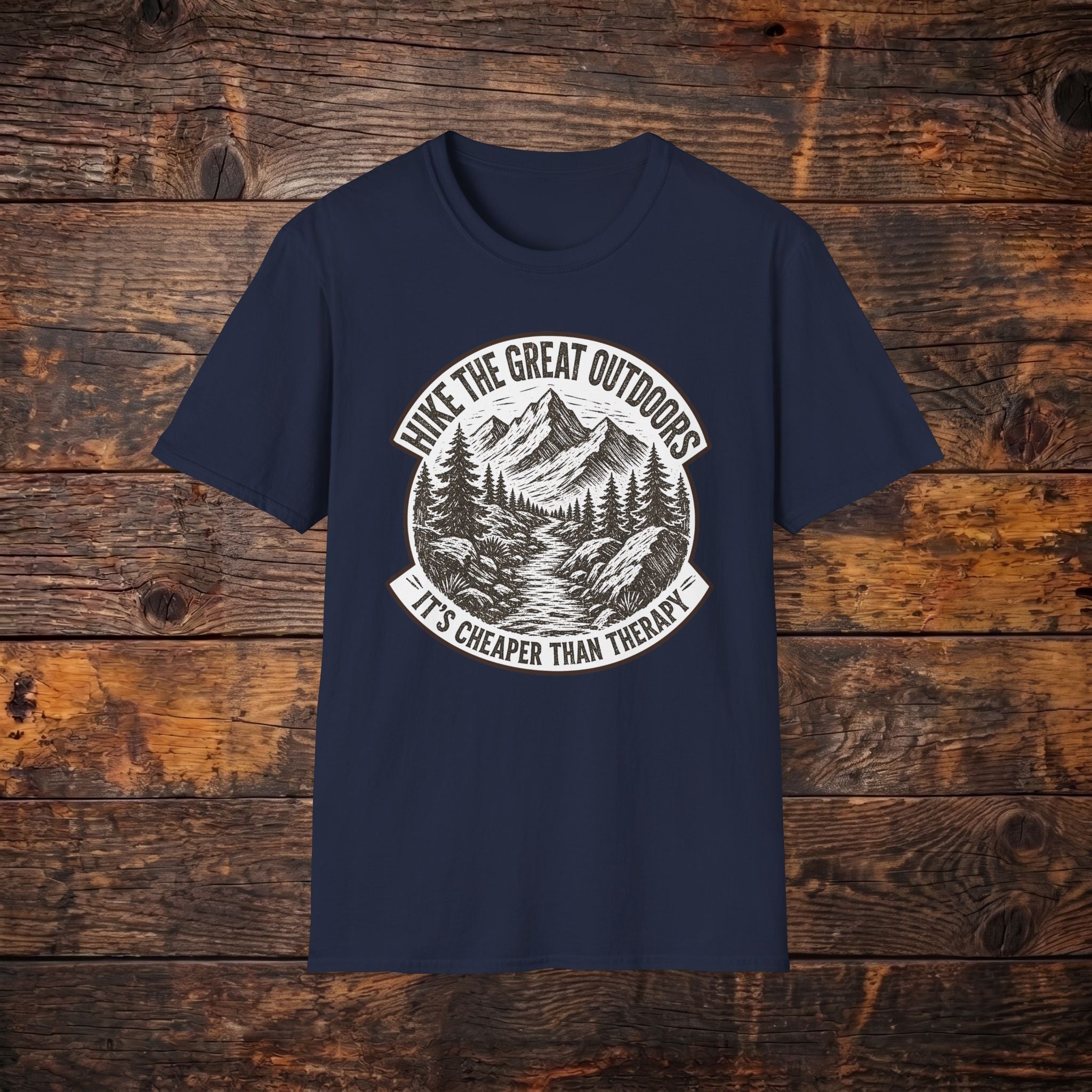 Hike the Great Outdoors T-Shirt — "Hike the Great Outdoors, It’s Cheaper Than Therapy" Mountain Tee