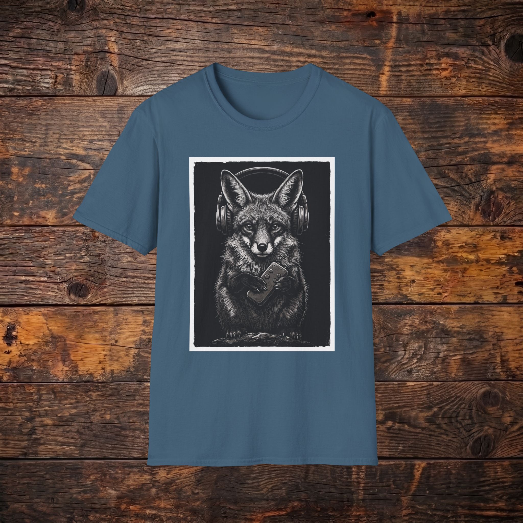 Fox with Headphones T‑Shirt — Noir Graphic Animal Music Tee
