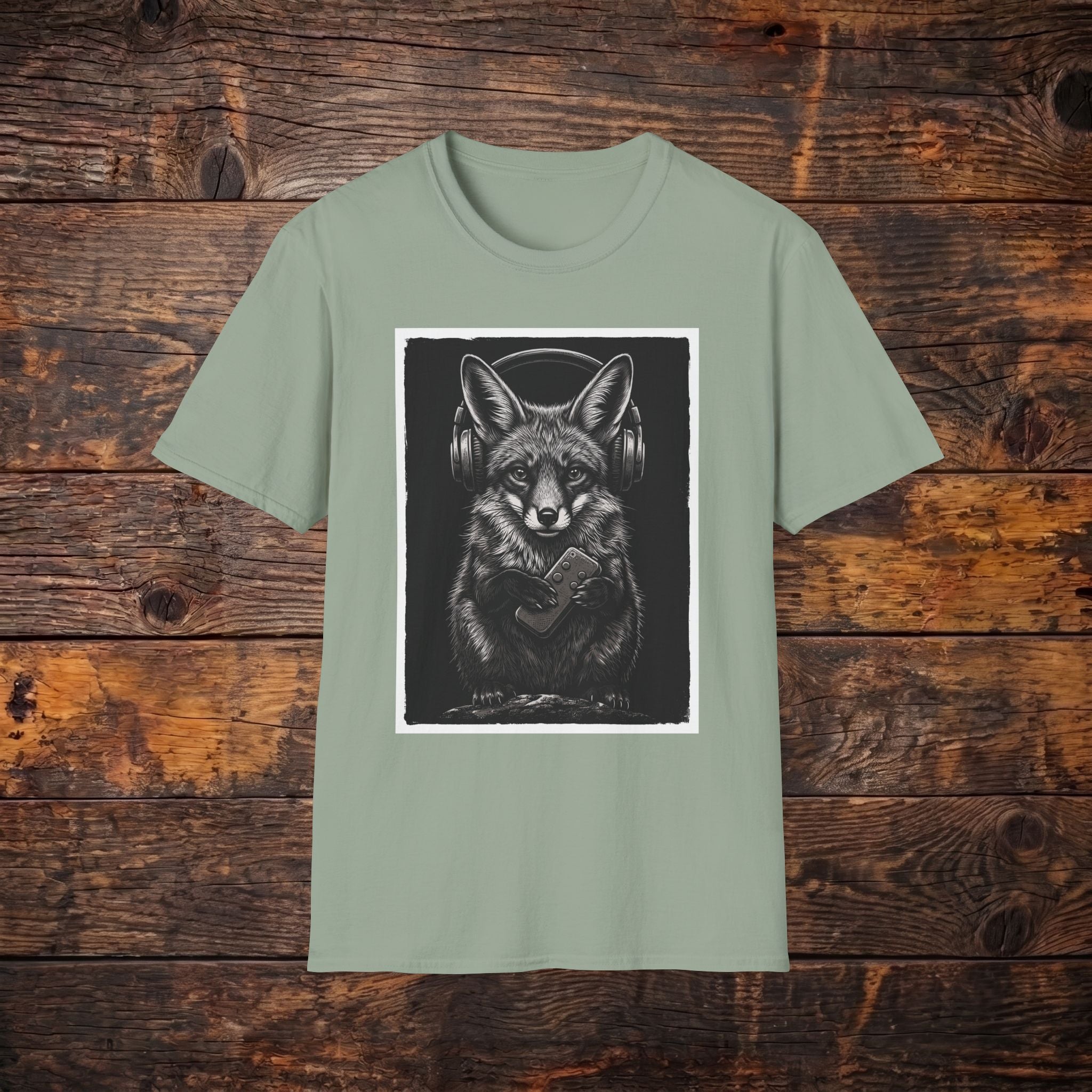 Fox with Headphones T‑Shirt — Noir Graphic Animal Music Tee