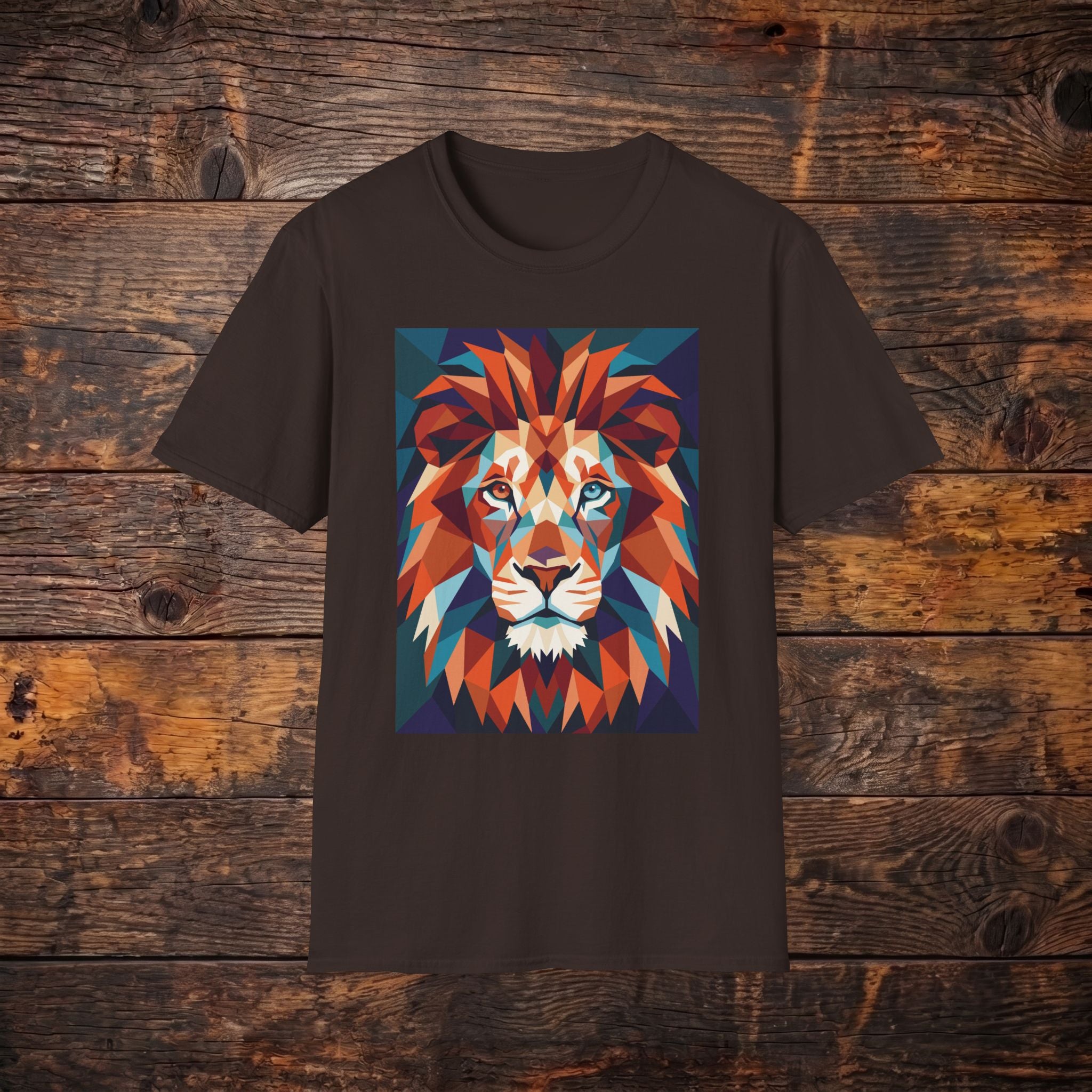 Geometric Lion Graphic T-Shirt — Vibrant Polygonal Lion Tee