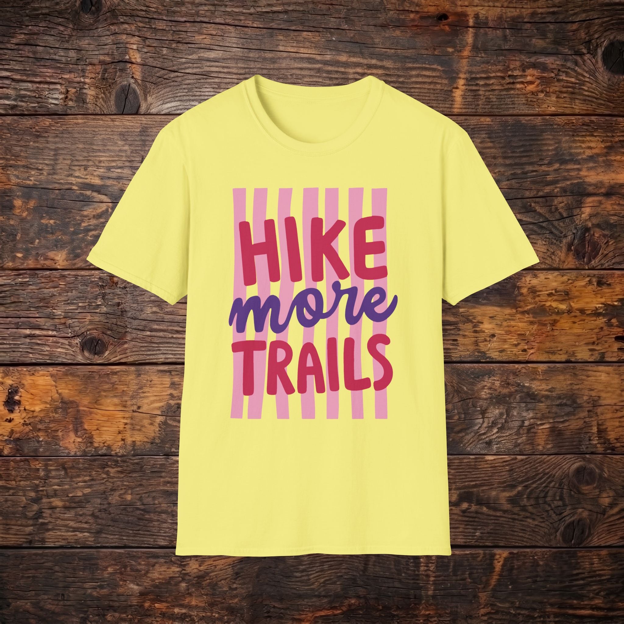 Hike More Trails T-Shirt — Retro Pink Stripe Hiking Tee