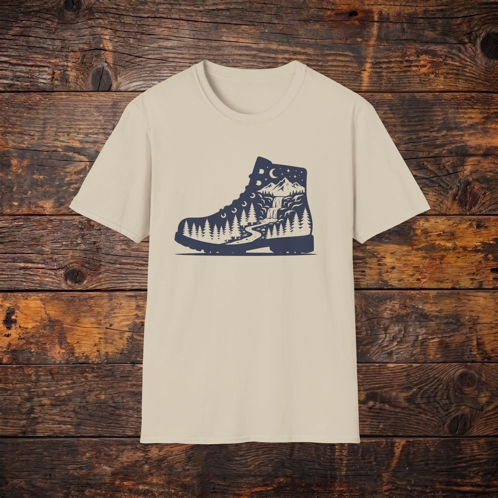 Hiking Boot Tee — Mountain Trail Nightscape Graphic T-Shirt