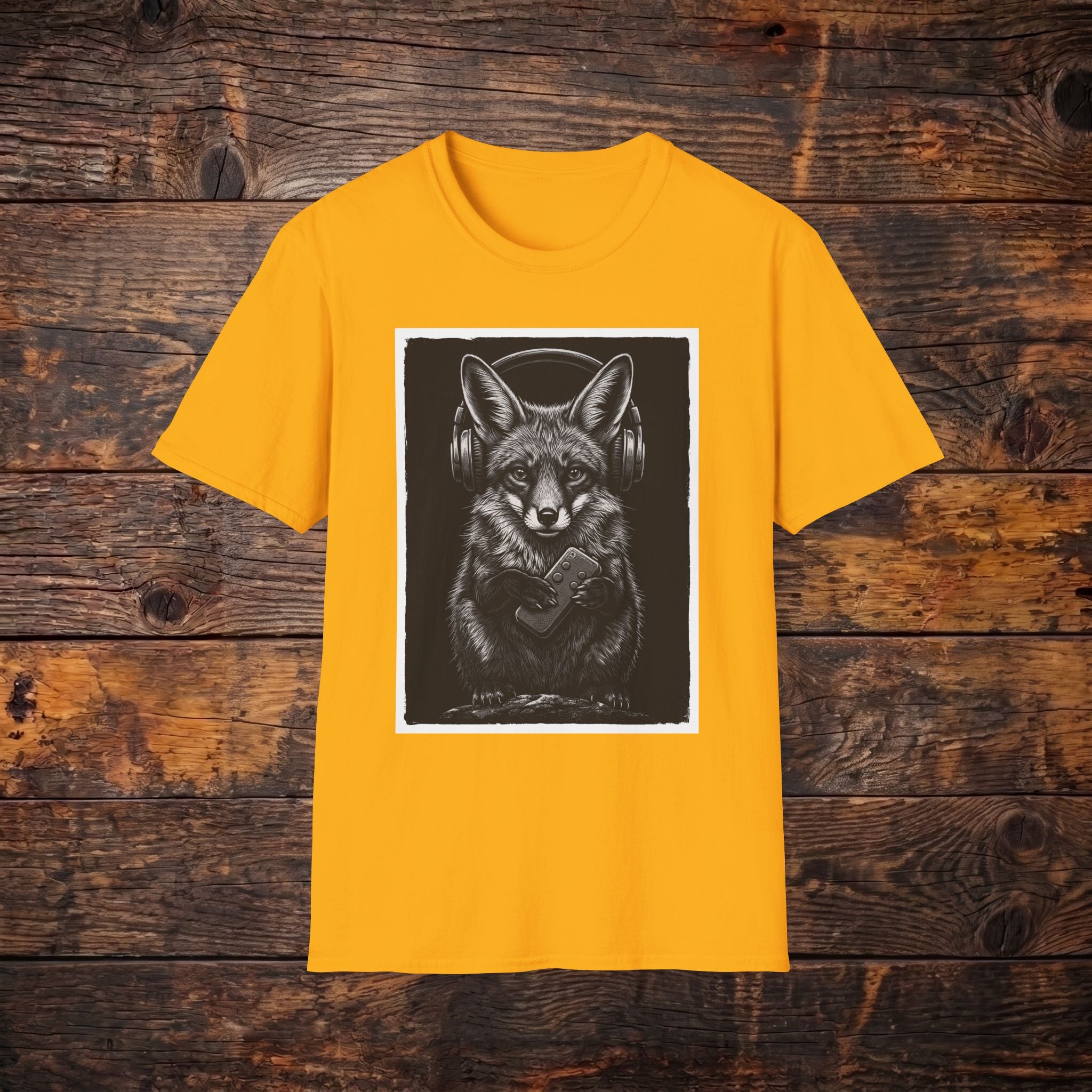 Fox with Headphones T‑Shirt — Noir Graphic Animal Music Tee