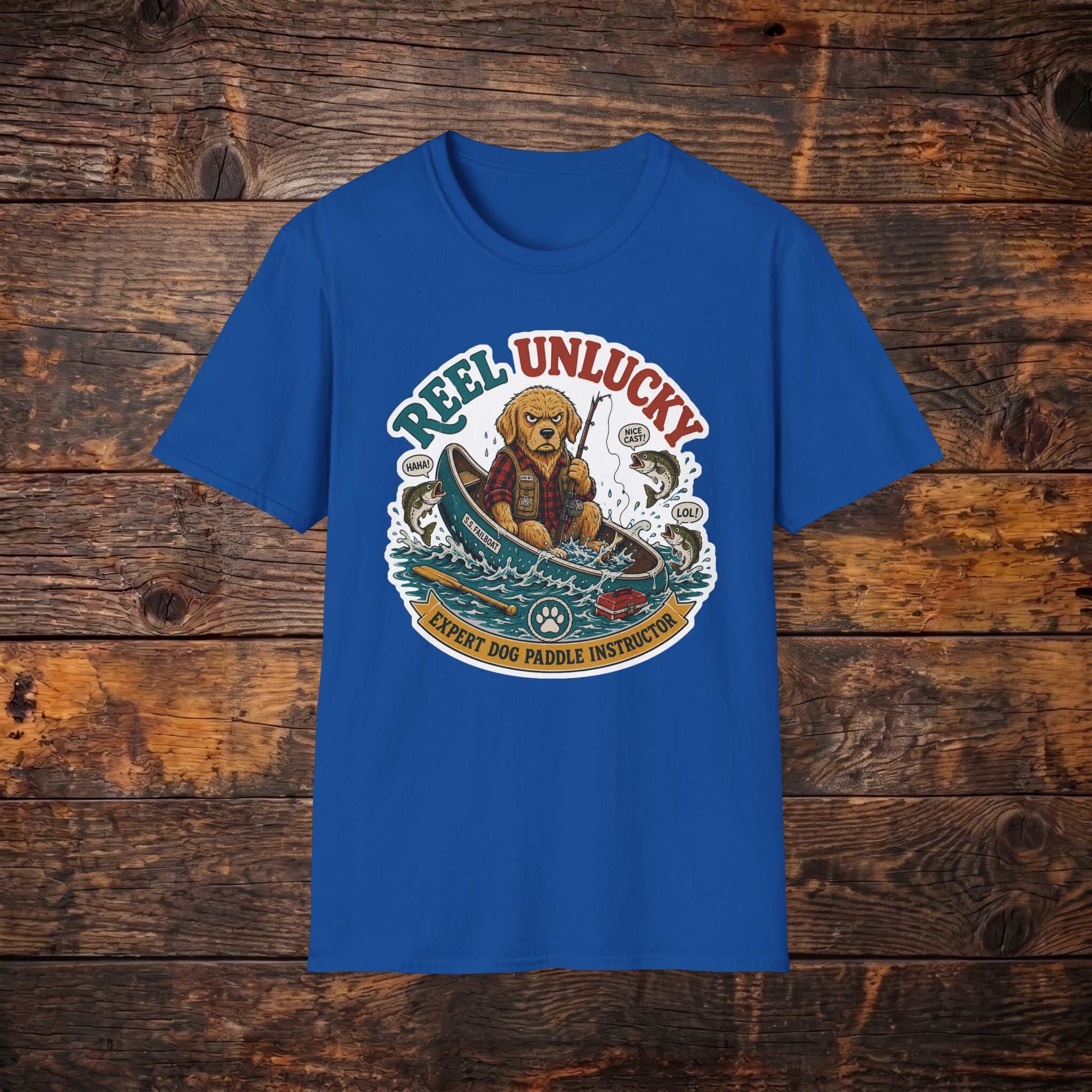 Reel Unlucky Fishing Tee — Funny Sad Dog Angler Graphic T-Shirt
